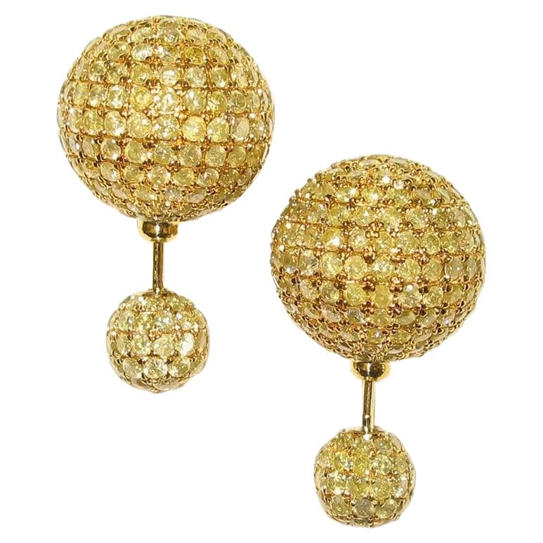 Front Back Double Sided Yellow Diamond 18 Karat Gold Stud Earrings For Sale