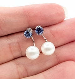 Front-Back Freshwater Pearl & Tanzanite Earrings in 14k White Gold