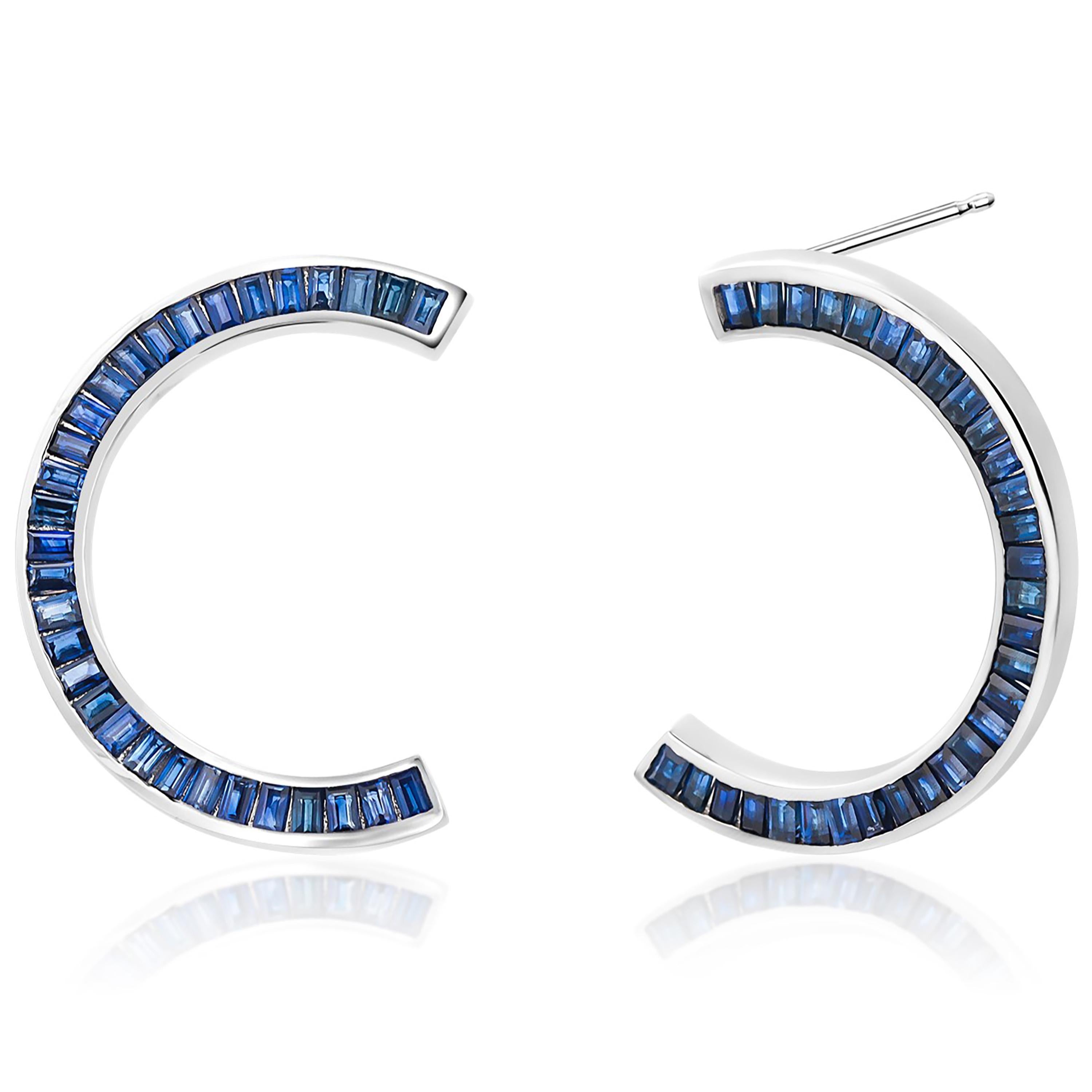 Baguette Cut Front Facing Half Moon Baguette Sapphire 1.30 Inch Earrings Weighing 8.30 Carat  For Sale