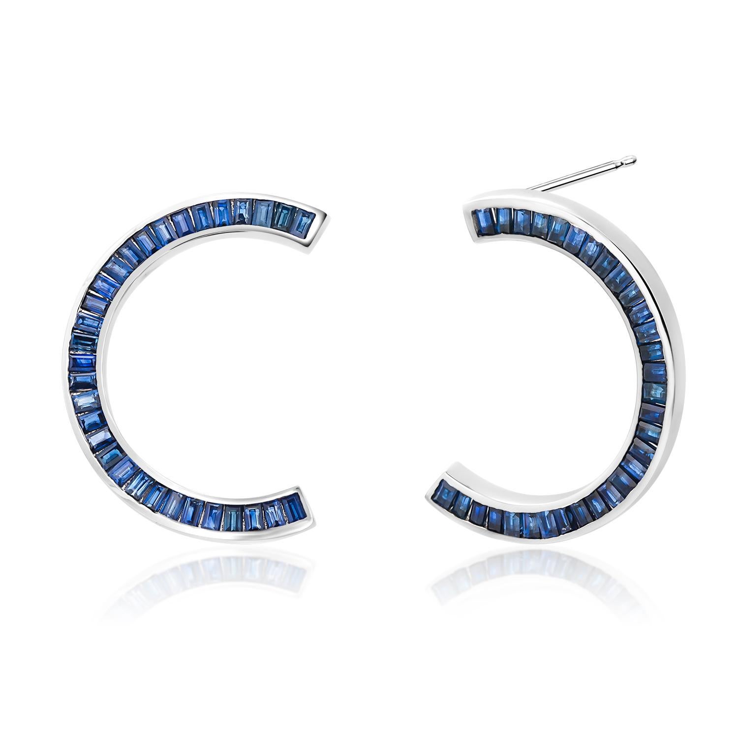 Front Facing Half Moon Baguette Sapphire 1.30 Inch Earrings Weighing 8.30 Carat  For Sale 2
