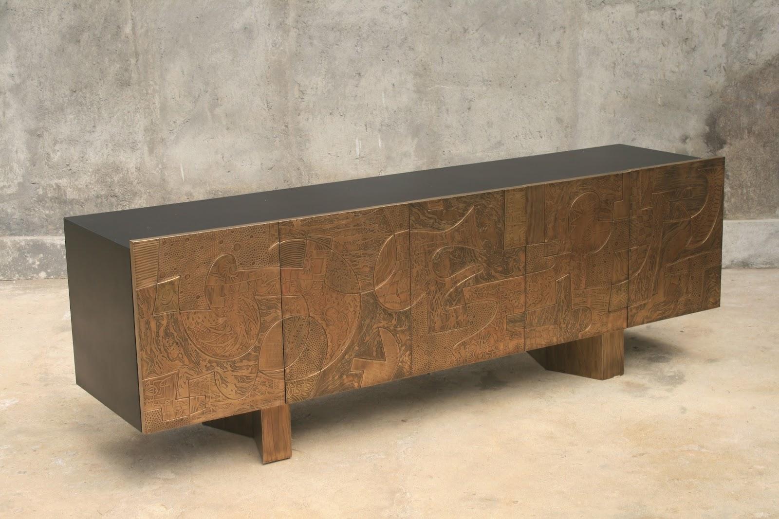 Front Plated in Acid-Etched Copper 5D Cabinet by Brutalist Be
One Of A Kind.
Dimensions: D 55 x W 240 x H 70 cm.
Materials: Copper and black lacquered wood.

This exclusive sideboard is hand-made of copper, carefully selected and then shaped by