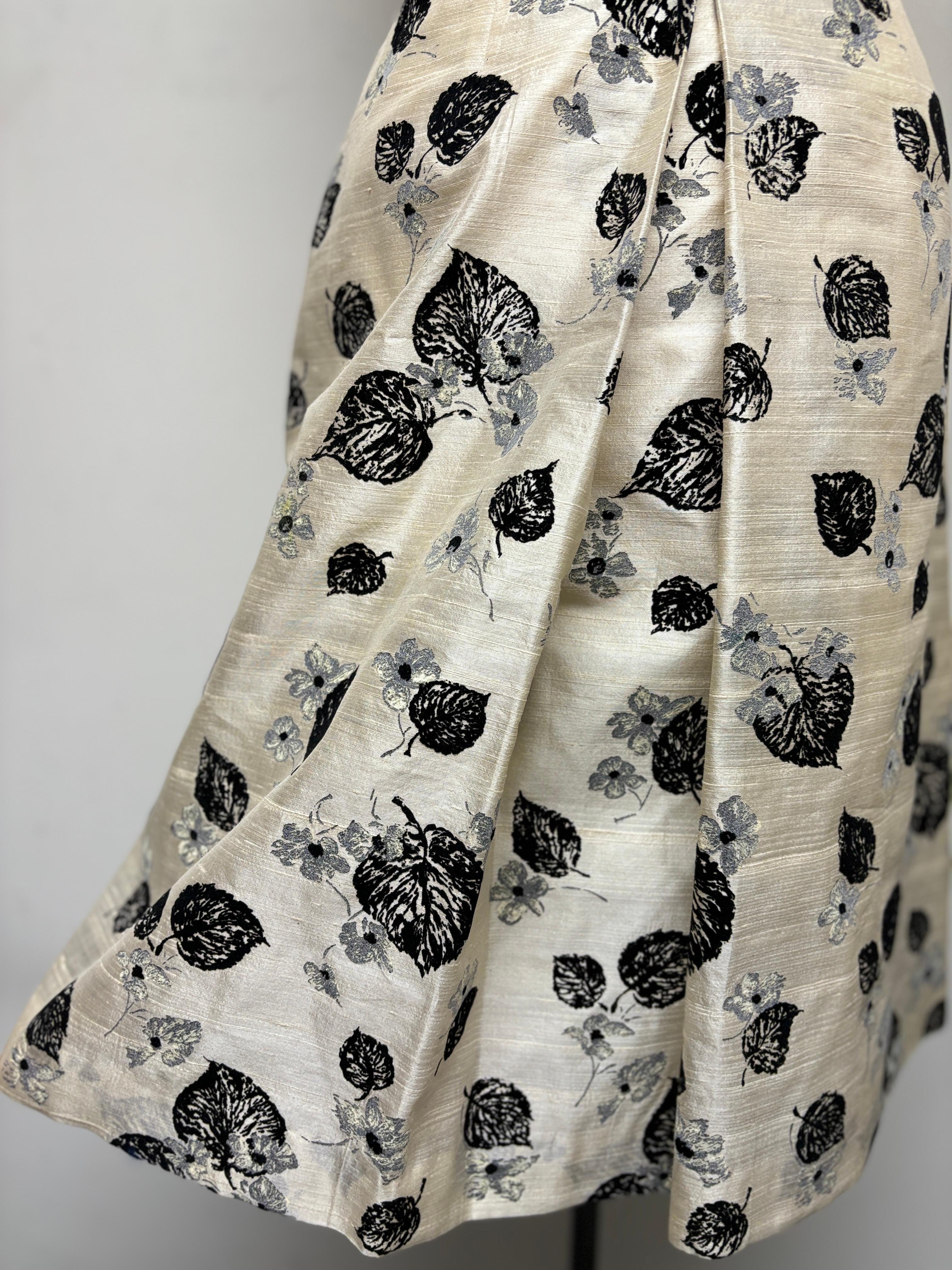 Gray Front Pleat Skirt in Pearl, Black, and Grey, Hand-printed on Shantung For Sale