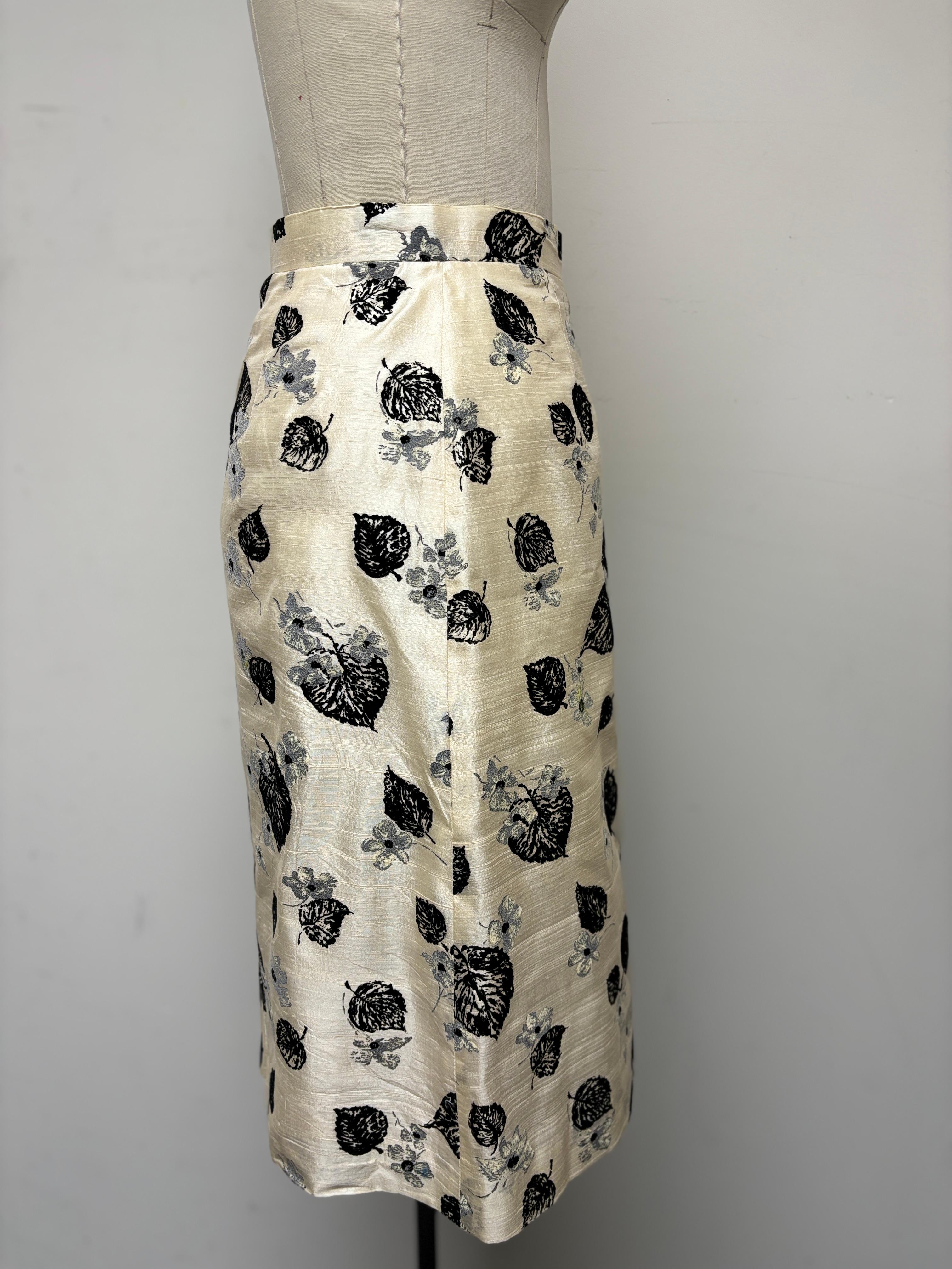 Women's Front Pleat Skirt in Pearl, Black, and Grey, Hand-printed on Shantung For Sale