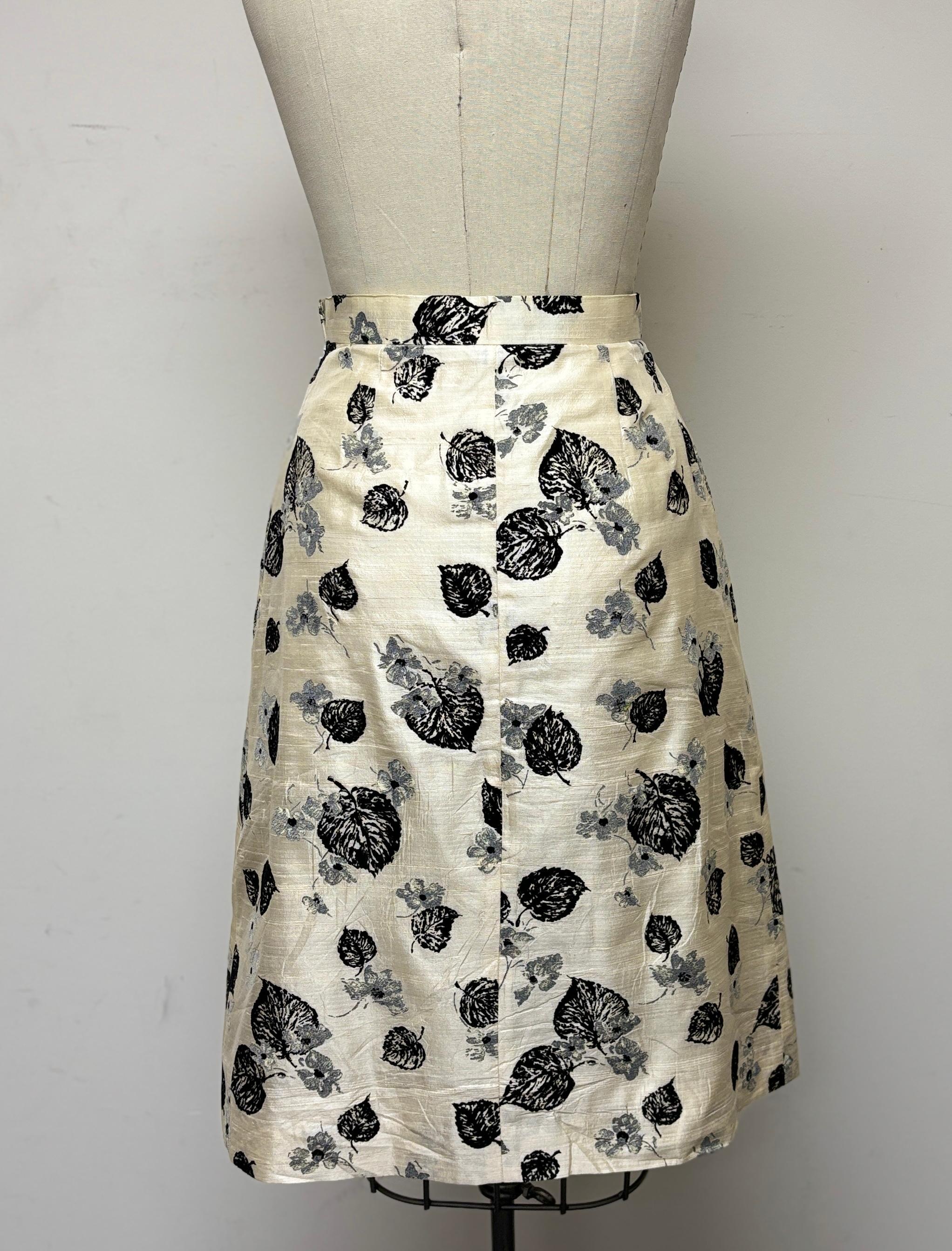 Front Pleat Skirt in Pearl, Black, and Grey, Hand-printed on Shantung For Sale 2