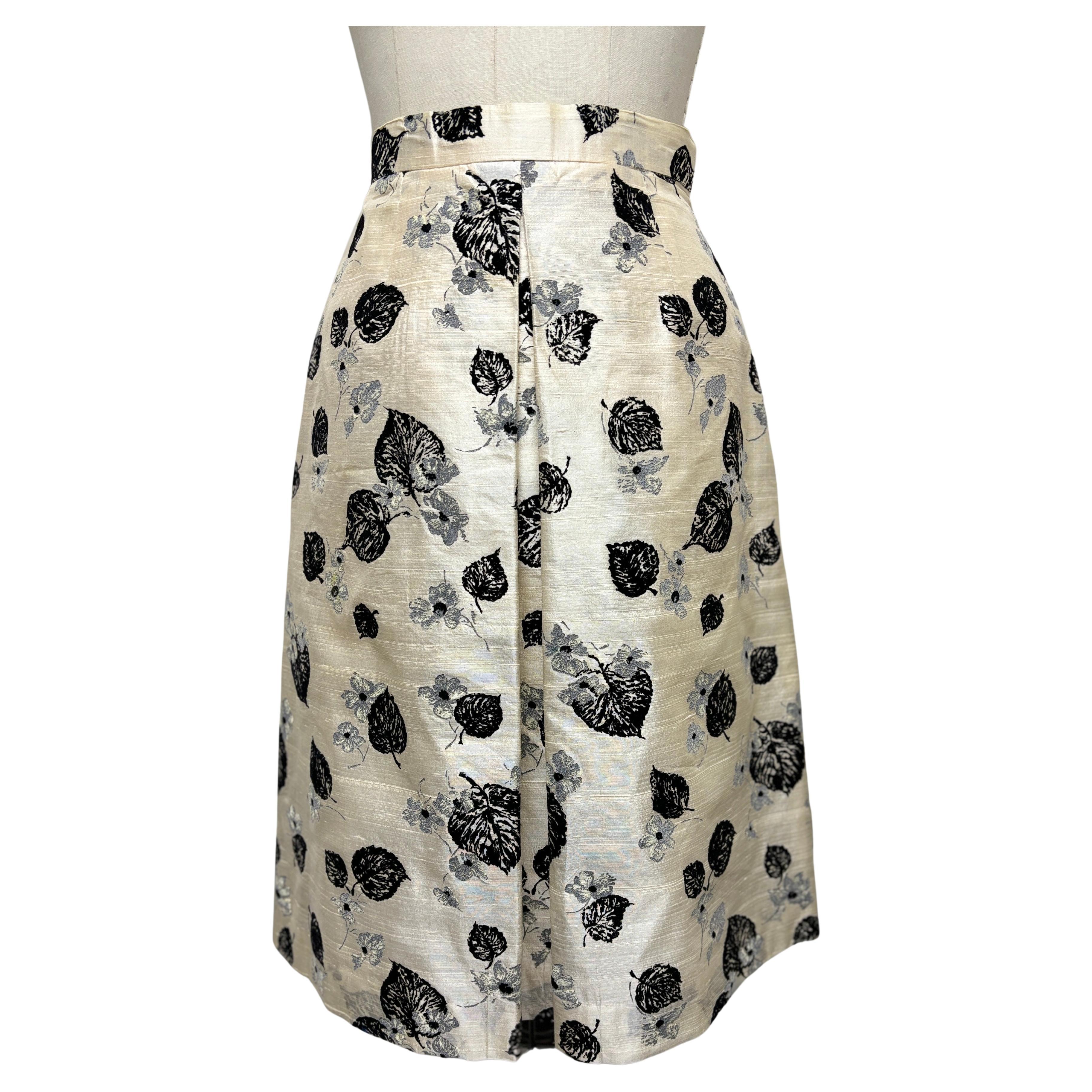 Front Pleat Skirt in Pearl, Black, and Grey, Hand-printed on Shantung For Sale
