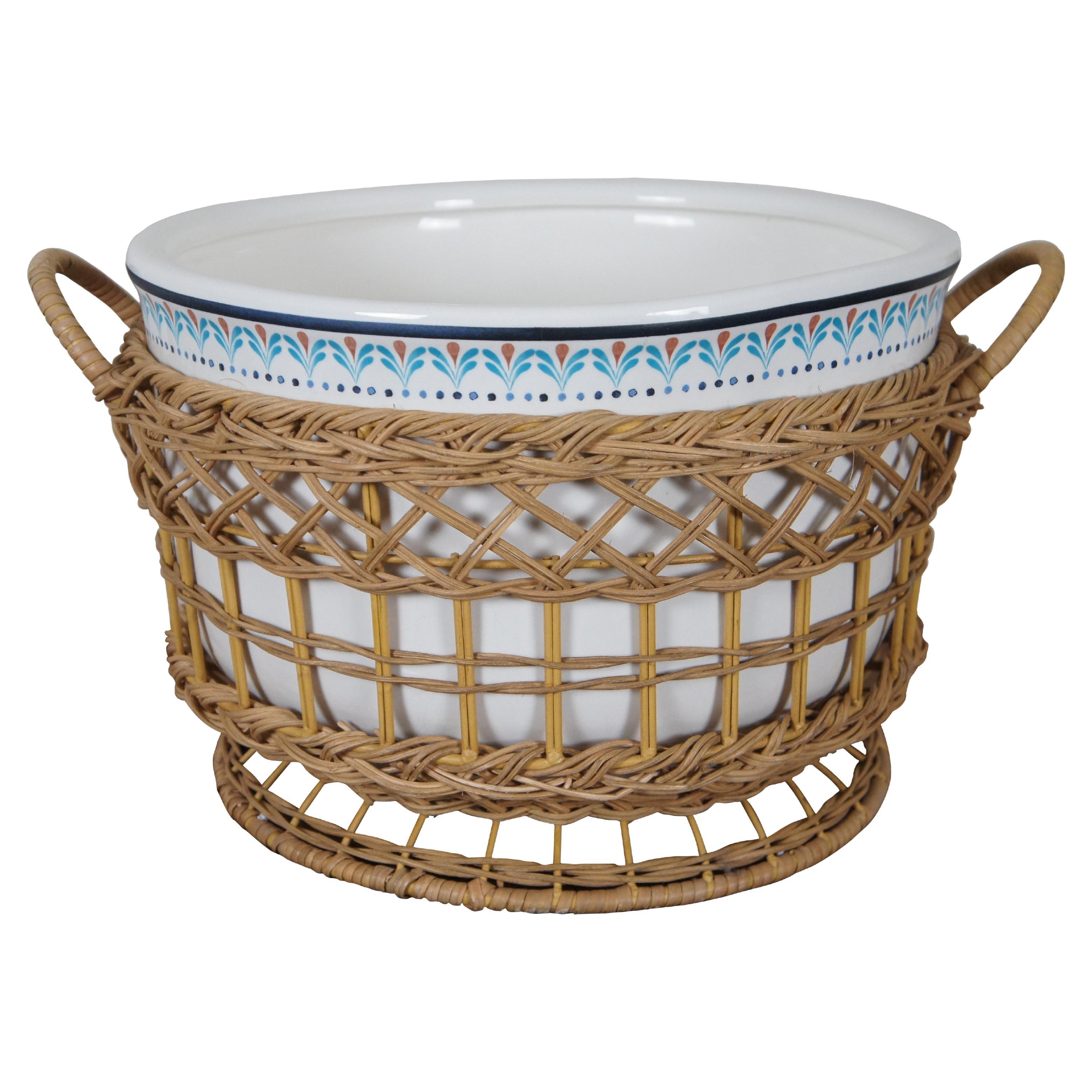 Frontgate Marbella Ceramic Rattan Blue Party Tub Serveware Bowl Beer Ice Bucket For Sale