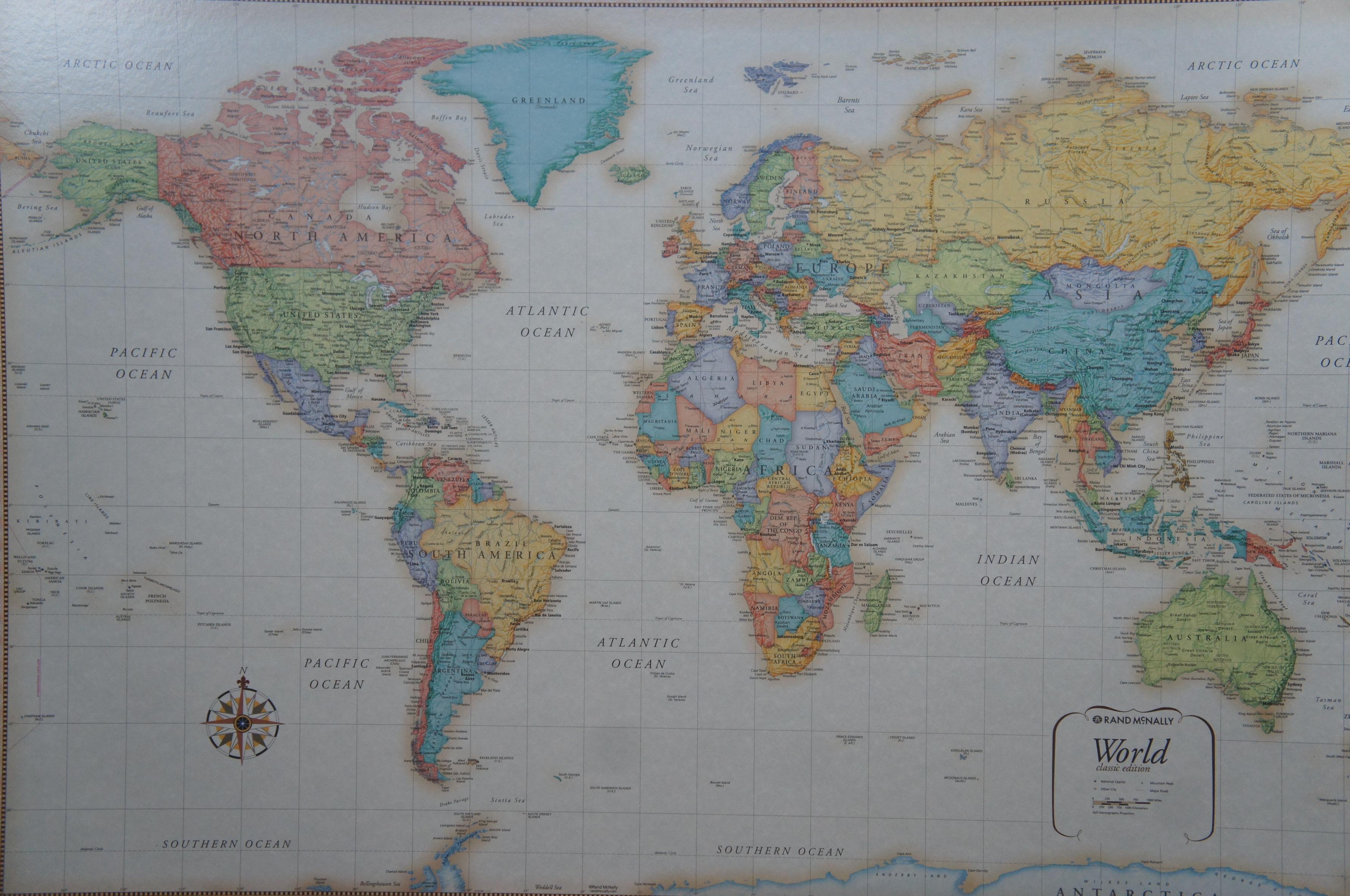 Frontgate Rand McNally World Classic Magnetic Travel Map with Burlwood Frame In Good Condition In Dayton, OH