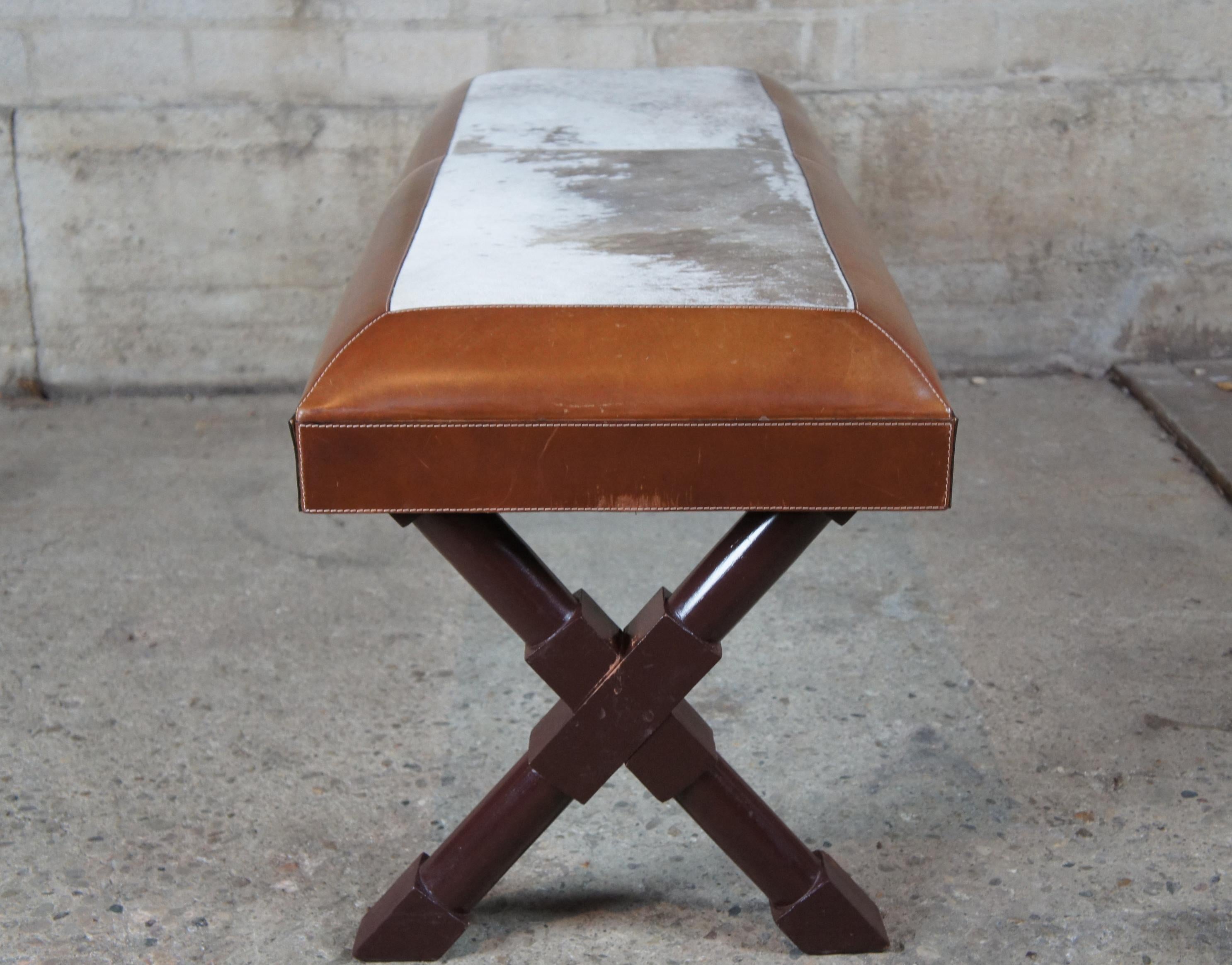 Frontgate X-Frame Brown Leather and Cowhide Bench Seat 1