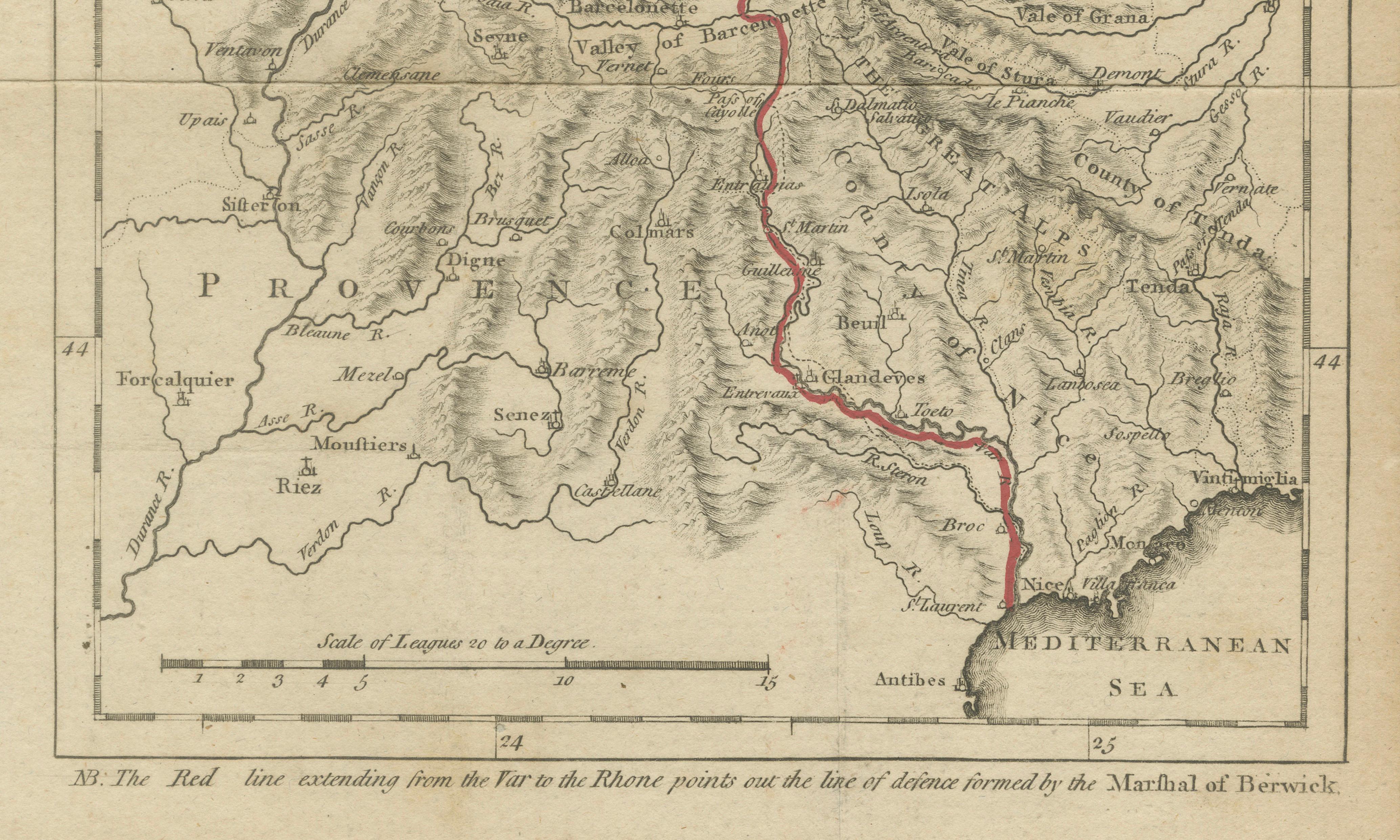 Frontiers of France and Italy – Duke of Berwick Campaigns Map, 1707–1712