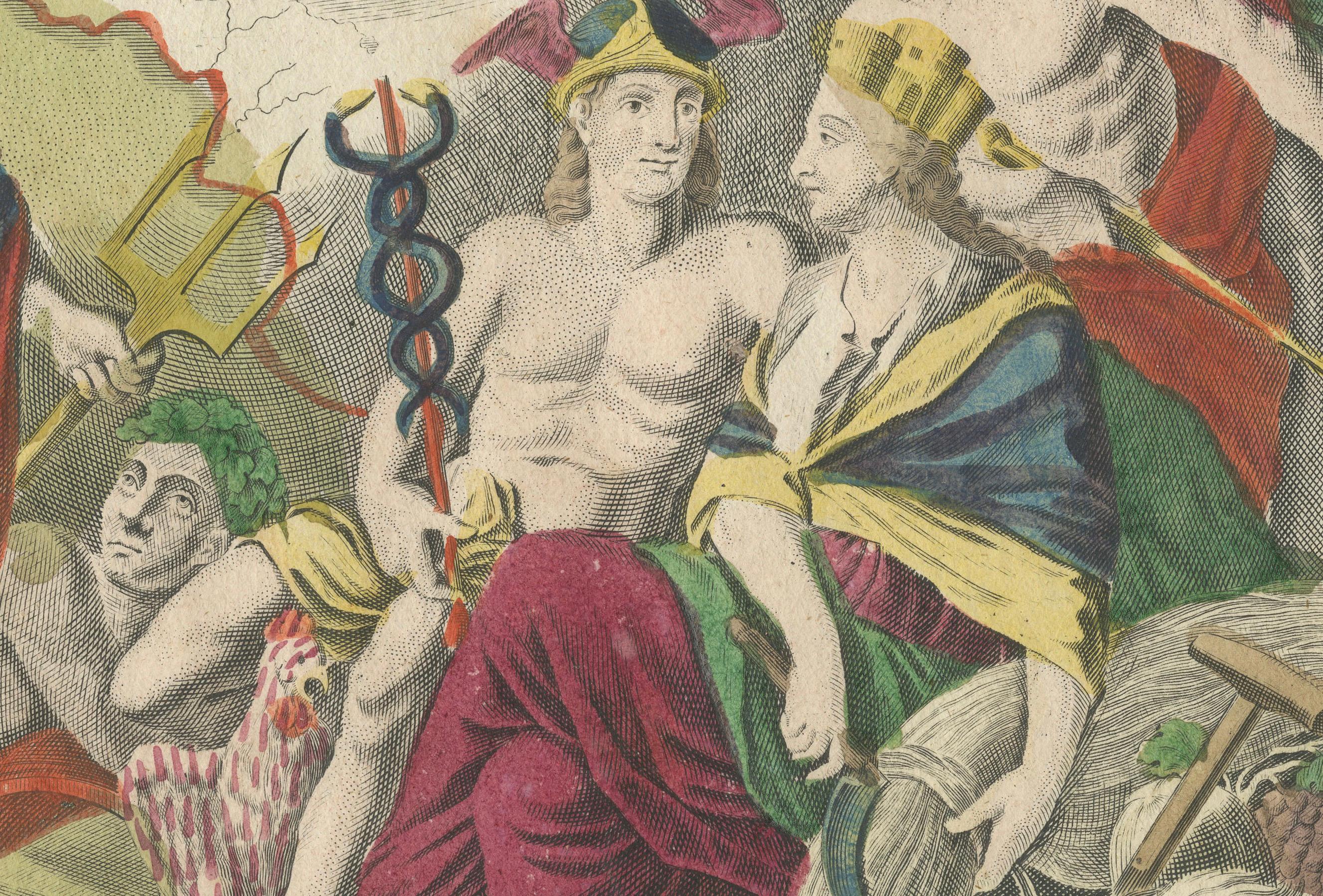 Description : Frontispice de l'Atlas Novus de Johann Baptista Homann (Vers le début du 18e siècle)

Cette gravure originale coloriée à la main a servi de frontispice à l'