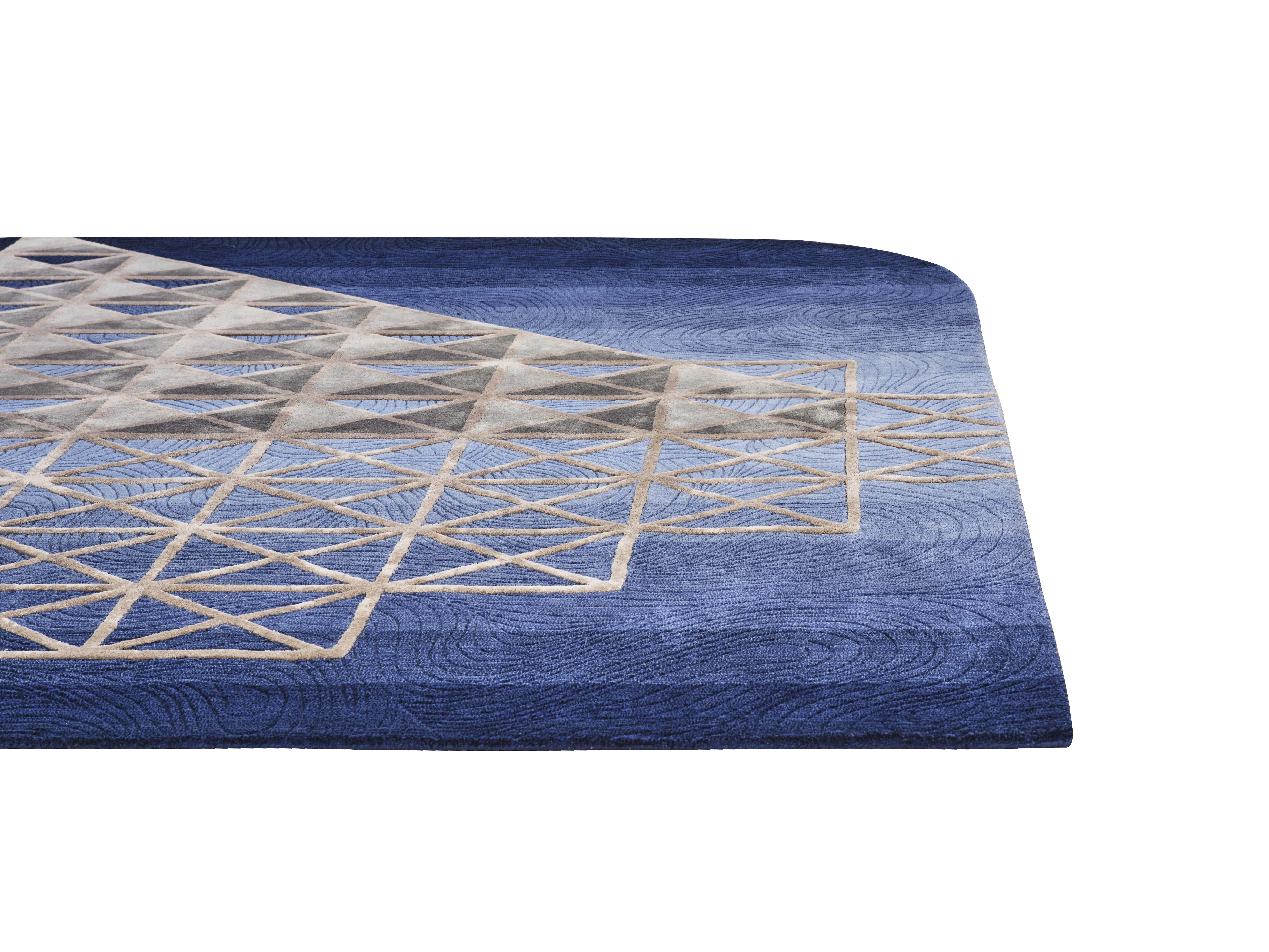 Hand-Crafted FRORE Hand Tufted Modern Shaped Silk and Wool Rug in Blue Colour by Hands For Sale