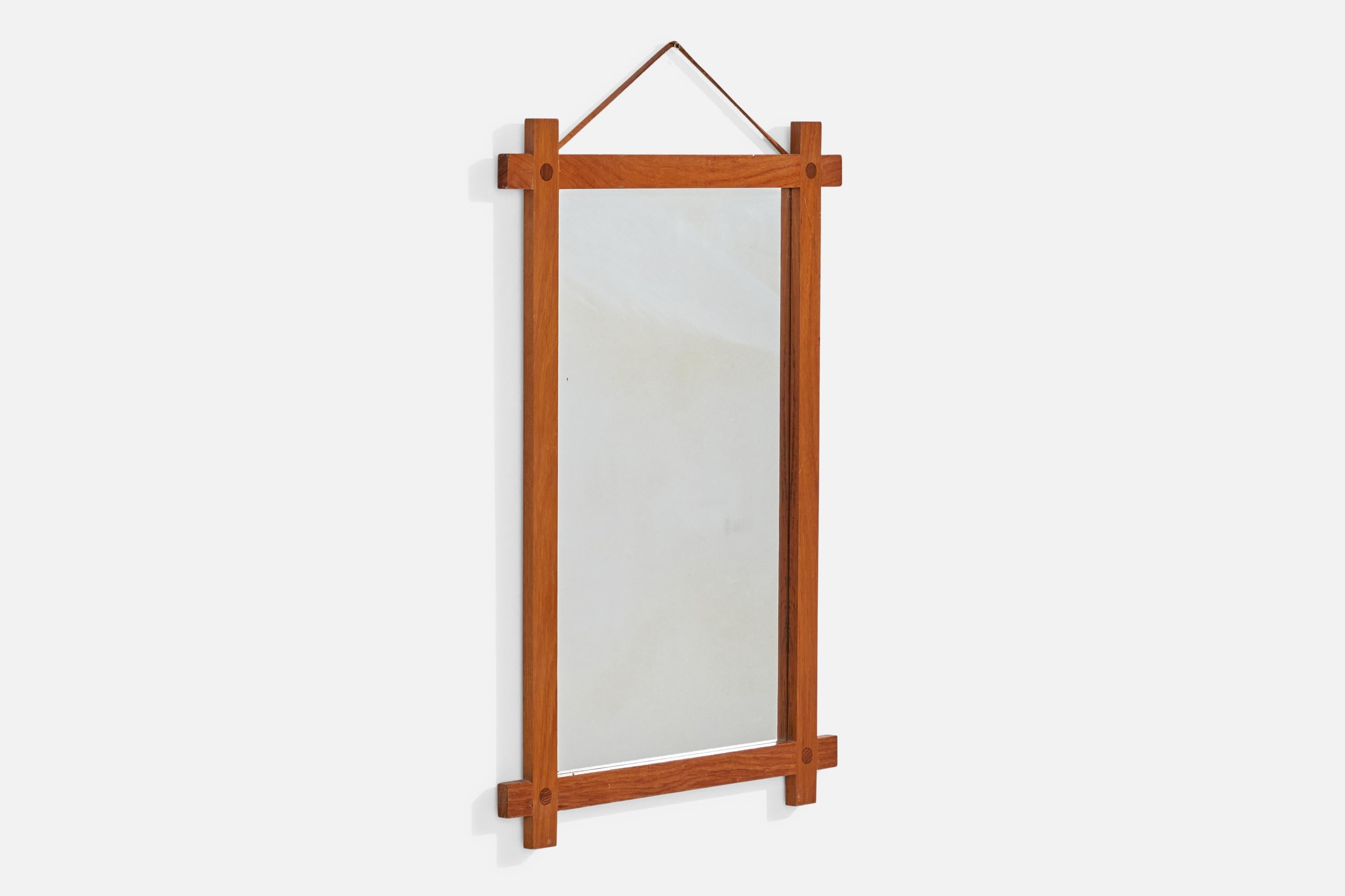 Mid-Century Modern Fröseke, Ab Nybrofabriken, Miroir mural, Teck massif, Cuir, Miroir en verre, 1960s en vente