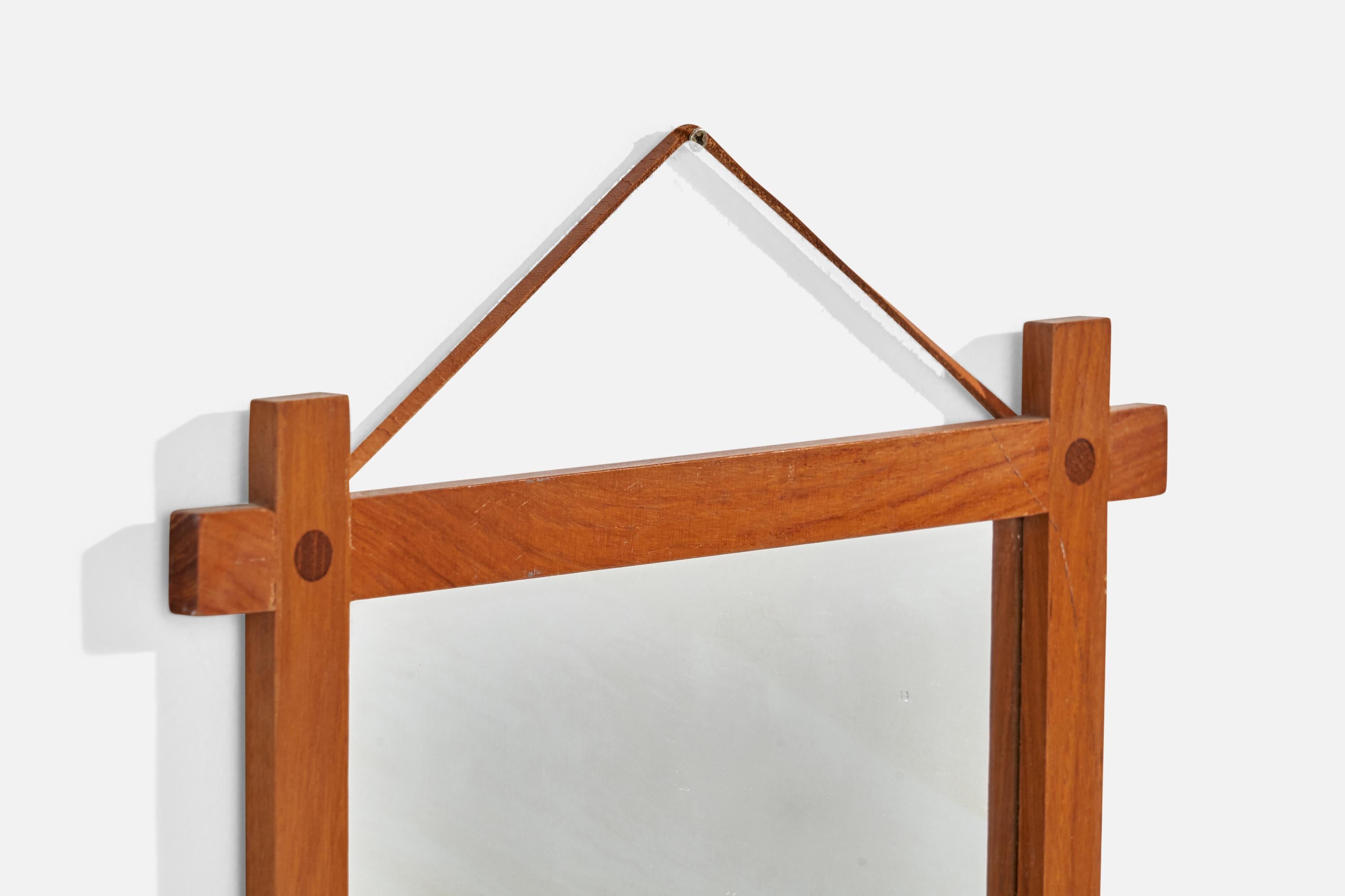 Suédois Fröseke, Ab Nybrofabriken, Miroir mural, Teck massif, Cuir, Miroir en verre, 1960s en vente