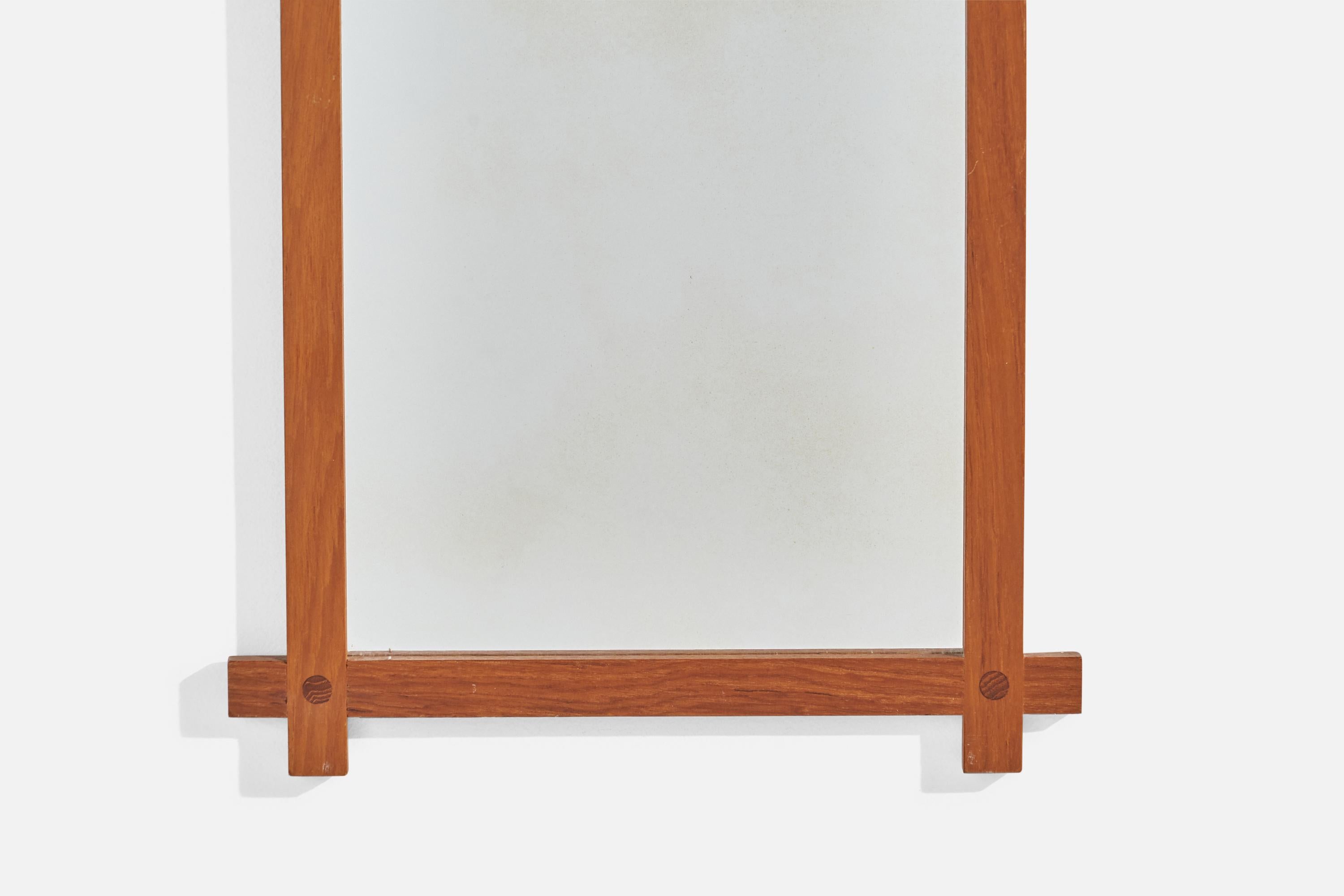 Milieu du XXe siècle Fröseke, Ab Nybrofabriken, Miroir mural, Teck massif, Cuir, Miroir en verre, 1960s en vente
