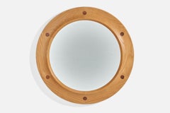 Vintage Fröseke, Round Wall Mirror, Oak, Teak, Mirror Glass, Sweden, 1950s