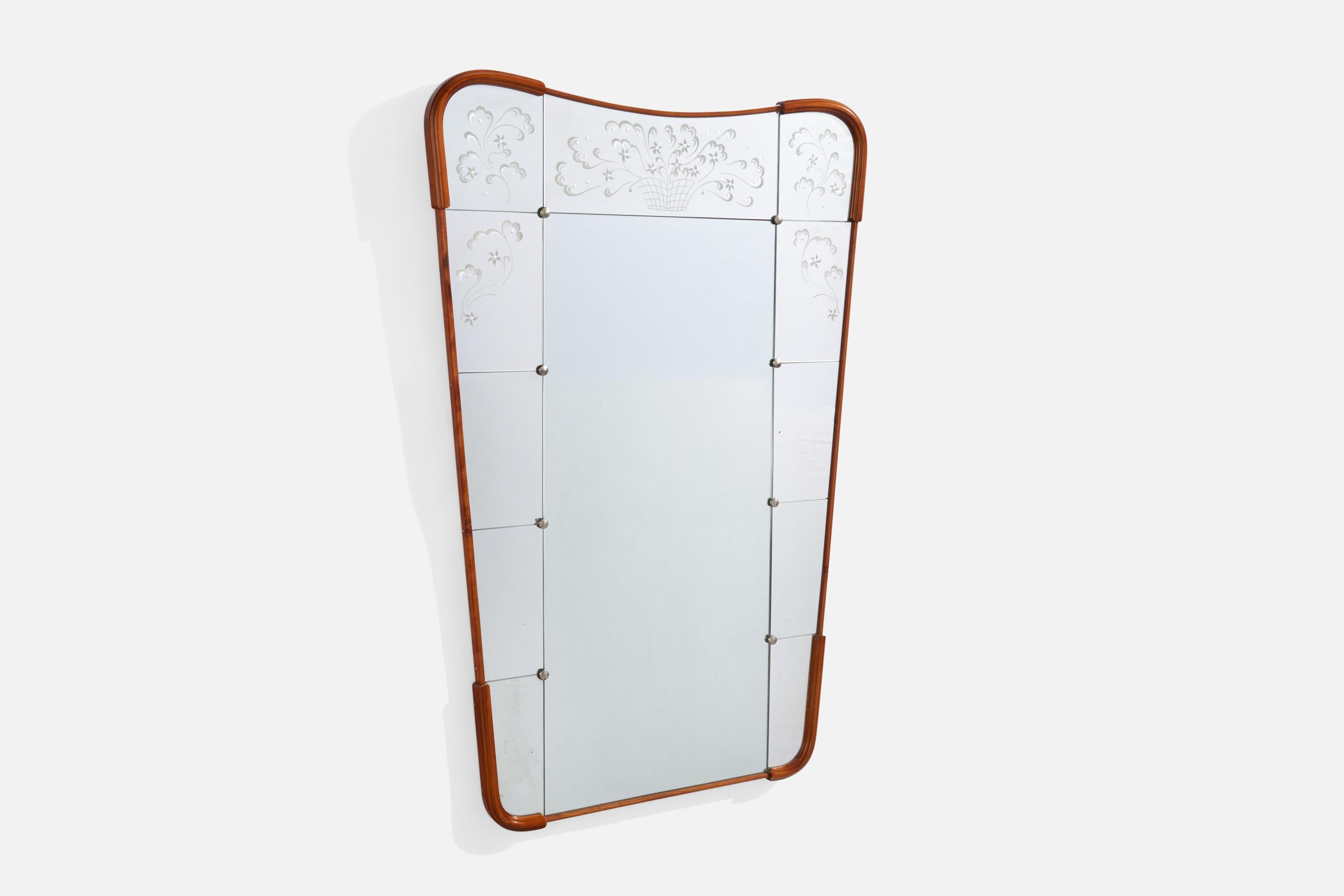 An etched glass, teak and metal wall mirror produced by Fröseke, Nybrofabriken, Sweden, 1954.