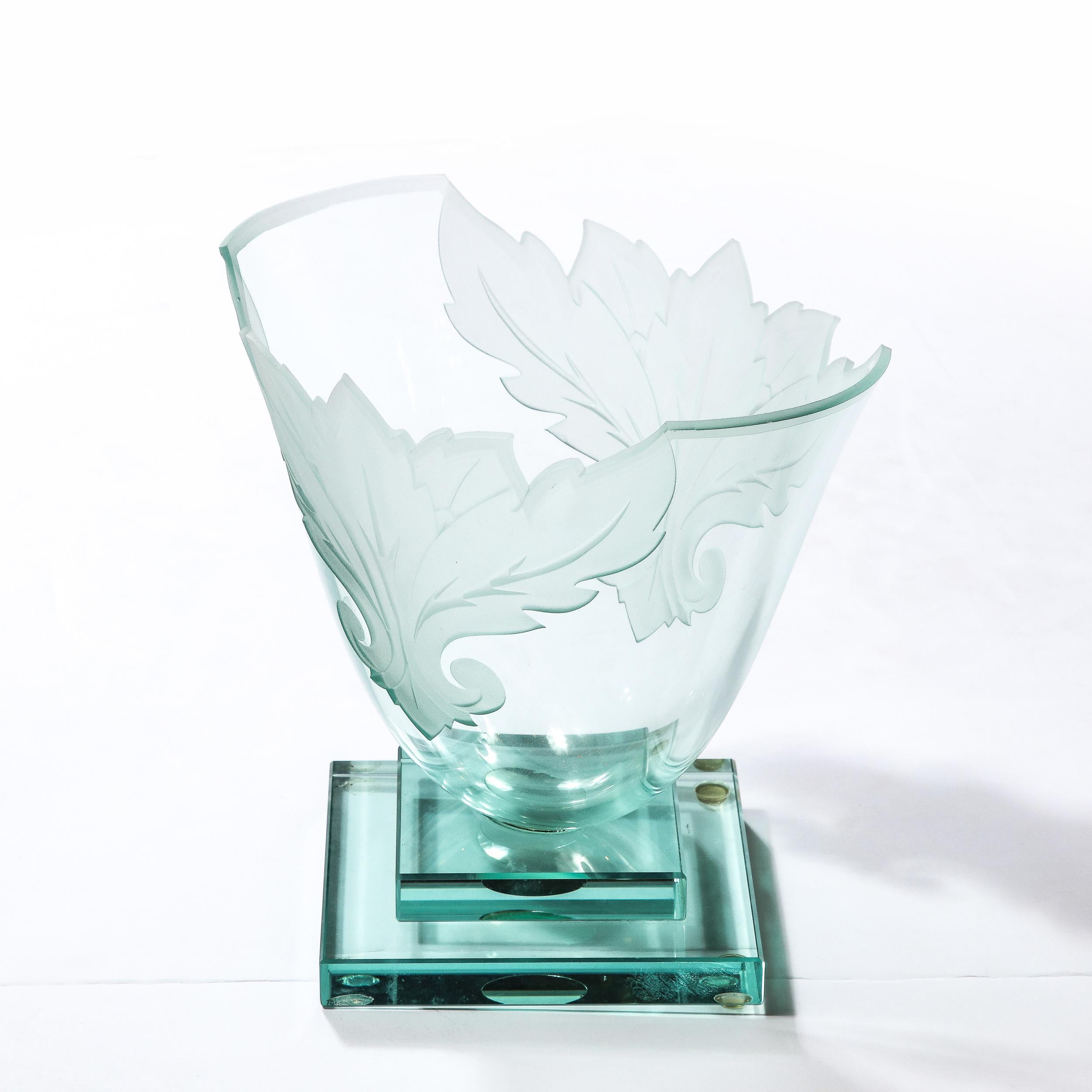 Frosted and Etched Cut Glass Leaf Vase/Bowl on Geometric Base by Robert Guenther For Sale 4