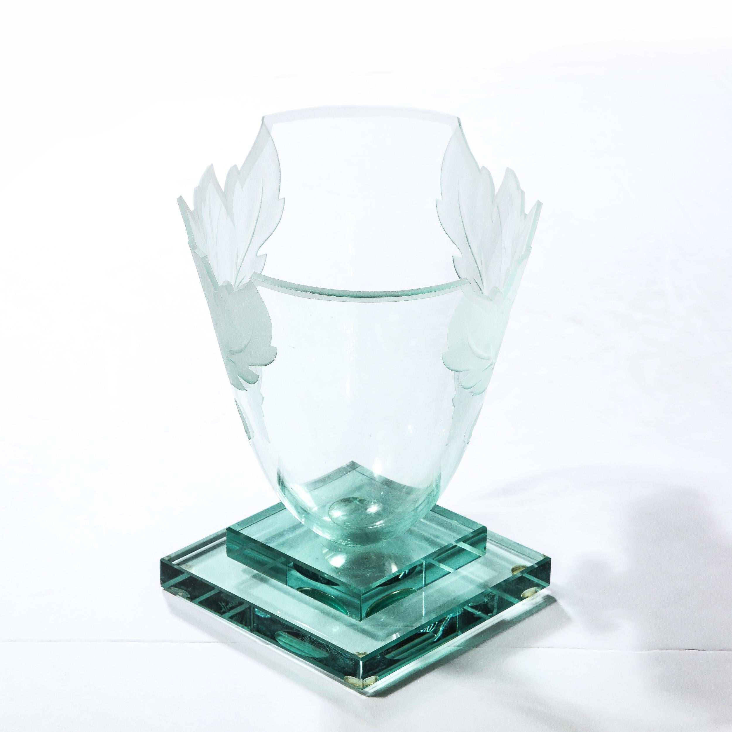 Frosted and Etched Cut Glass Leaf Vase/Bowl on Geometric Base by Robert Guenther For Sale 5