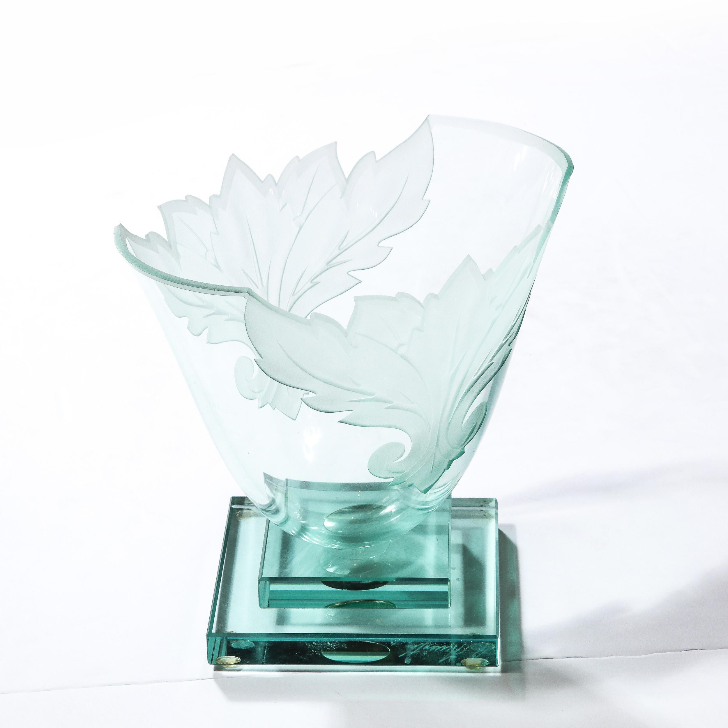 Frosted and Etched Cut Glass Leaf Vase/Bowl on Geometric Base by Robert Guenther For Sale 6