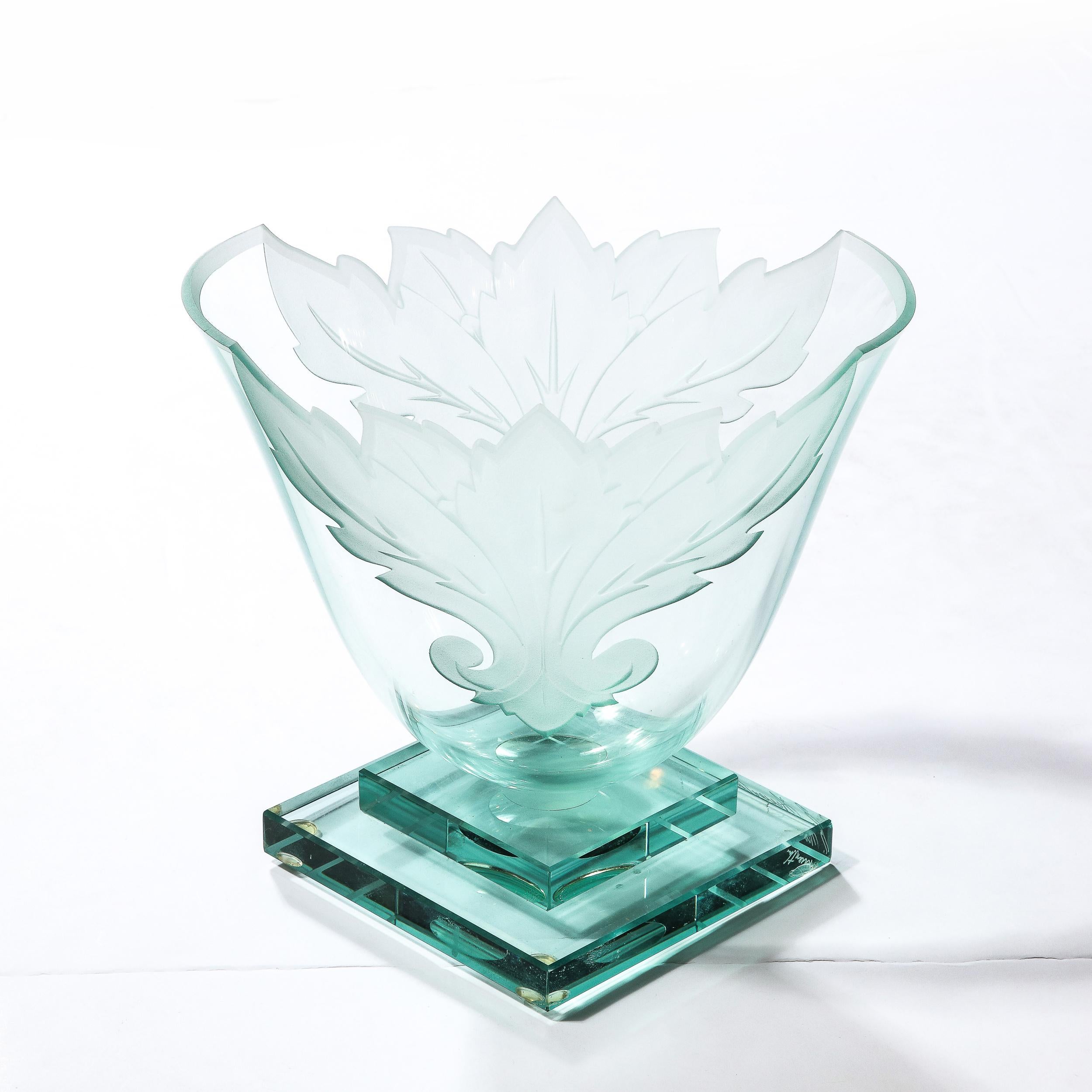 Frosted and Etched Cut Glass Leaf Vase/Bowl on Geometric Base by Robert Guenther For Sale 7