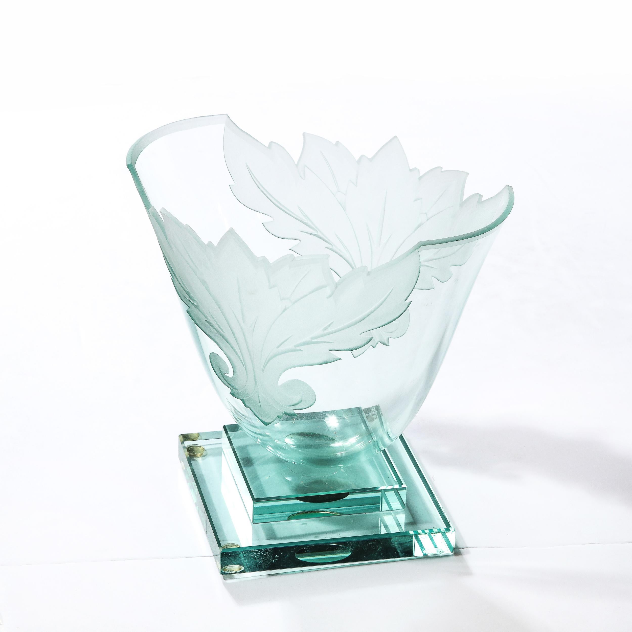 Frosted and Etched Cut Glass Leaf Vase/Bowl on Geometric Base by Robert Guenther For Sale 8