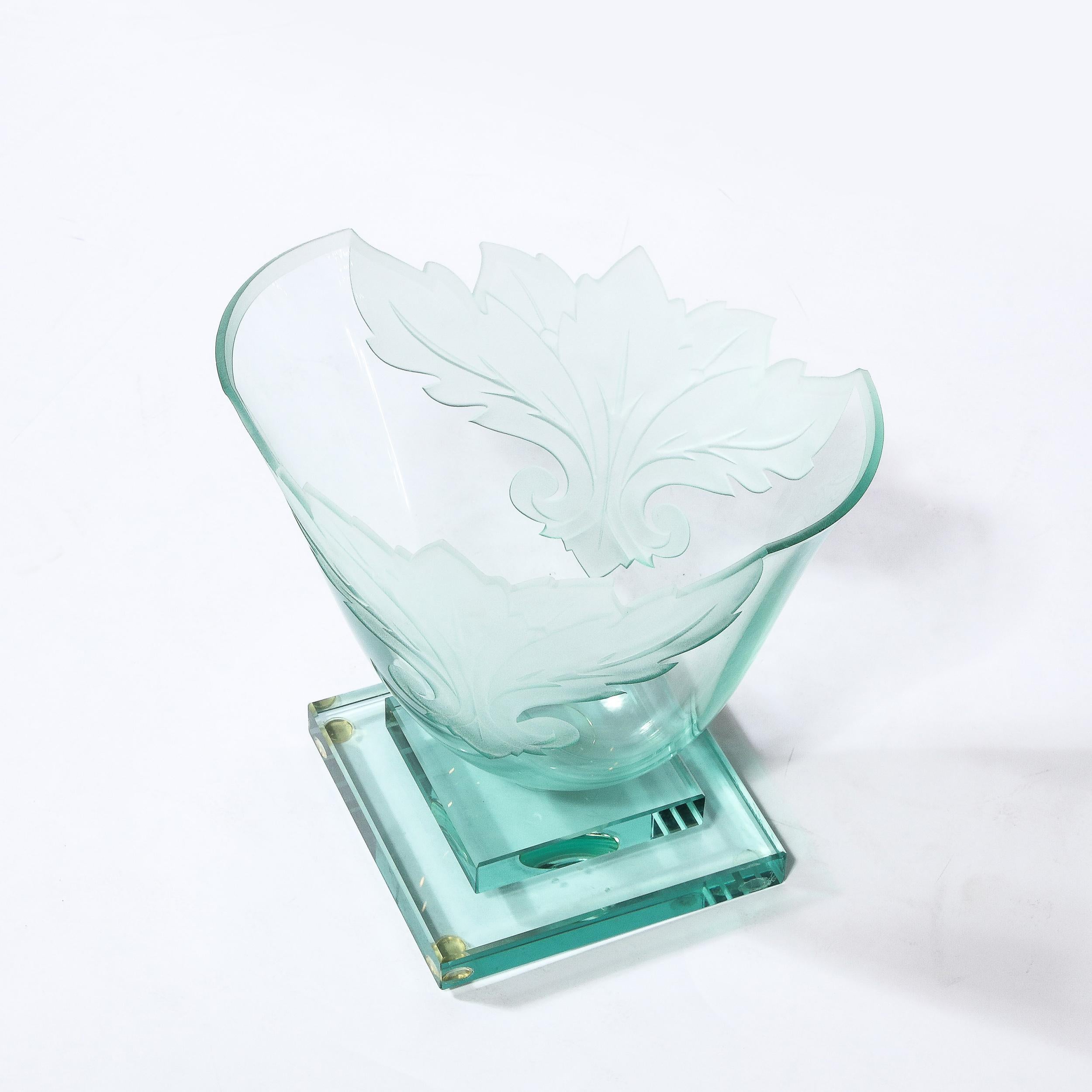 Frosted and Etched Cut Glass Leaf Vase/Bowl on Geometric Base by Robert Guenther For Sale 9