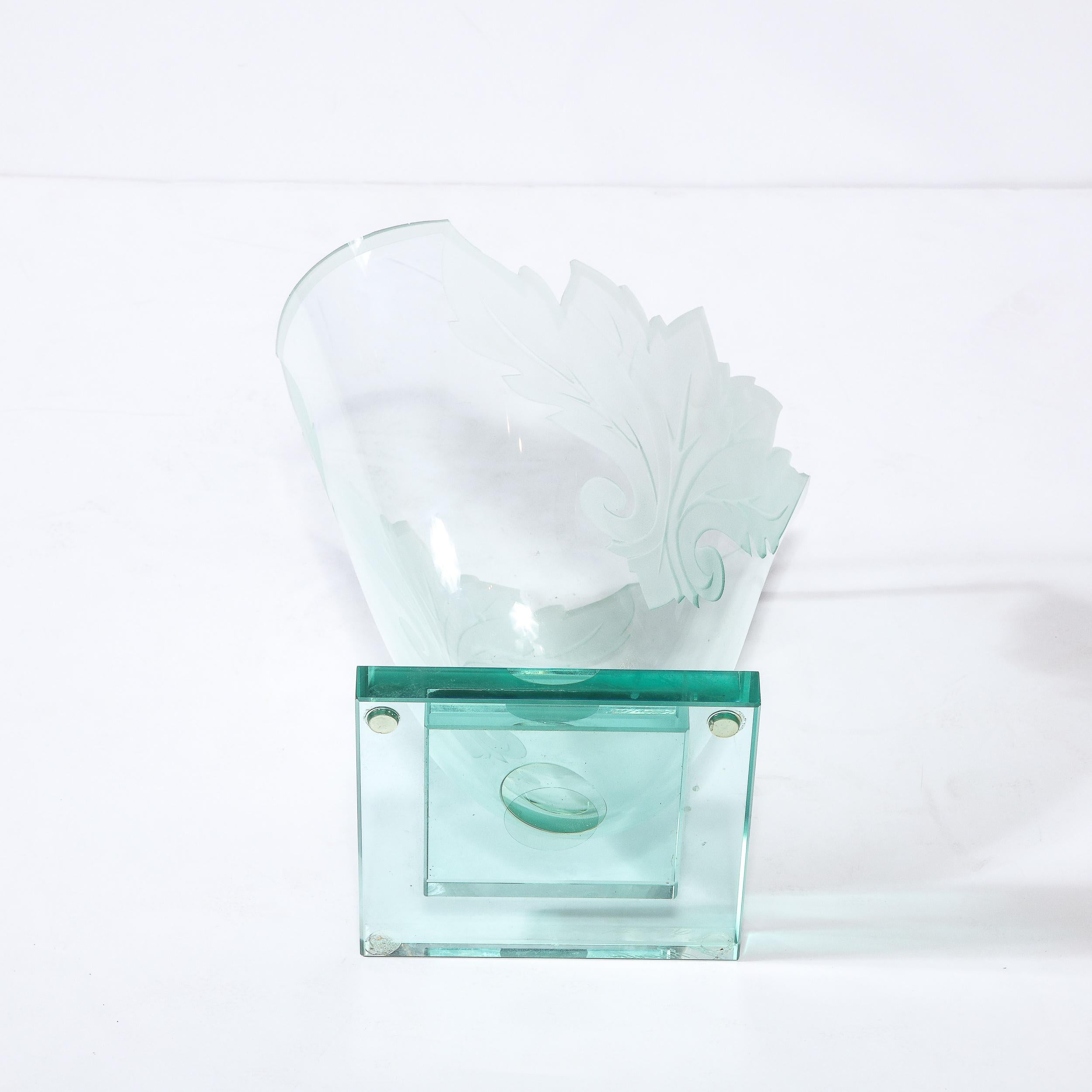 Frosted and Etched Cut Glass Leaf Vase/Bowl on Geometric Base by Robert Guenther For Sale 10