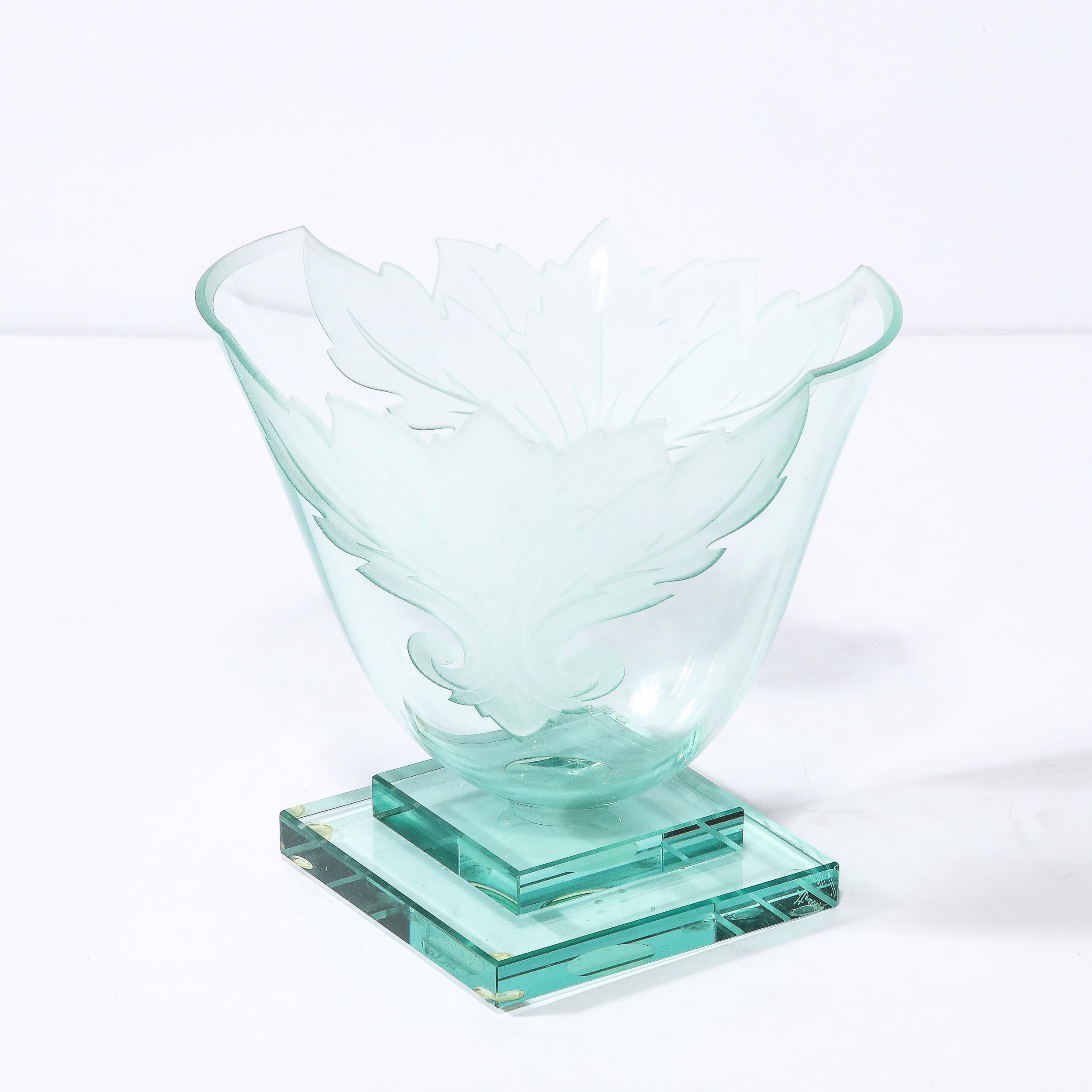 American Frosted and Etched Cut Glass Leaf Vase/Bowl on Geometric Base by Robert Guenther For Sale