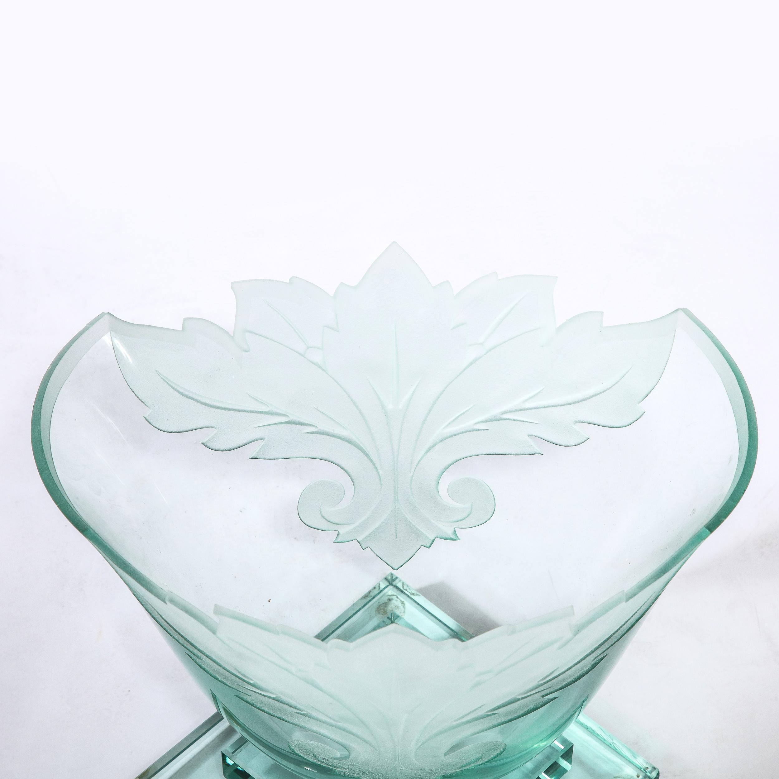 Frosted and Etched Cut Glass Leaf Vase/Bowl on Geometric Base by Robert Guenther In Excellent Condition For Sale In New York, NY