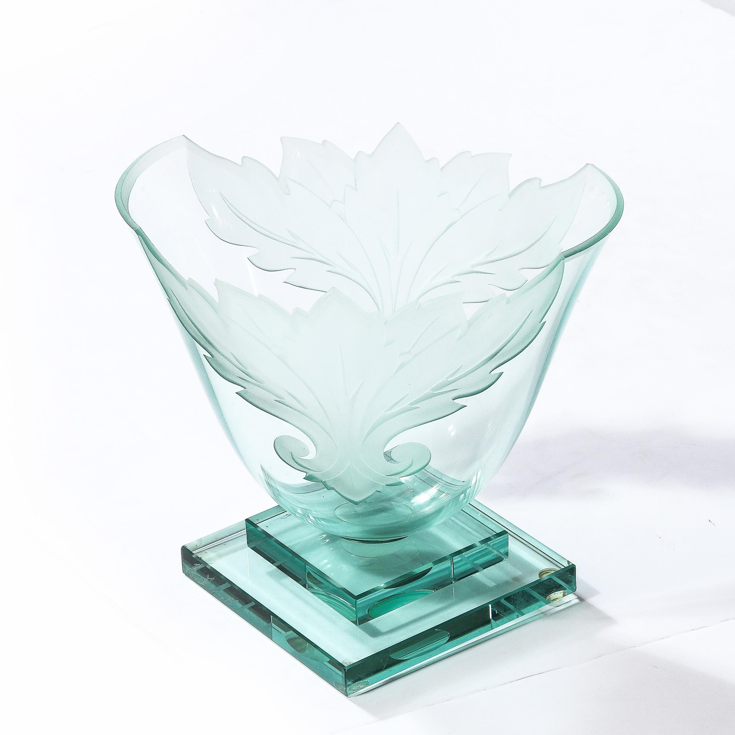 Frosted and Etched Cut Glass Leaf Vase/Bowl on Geometric Base by Robert Guenther For Sale 1