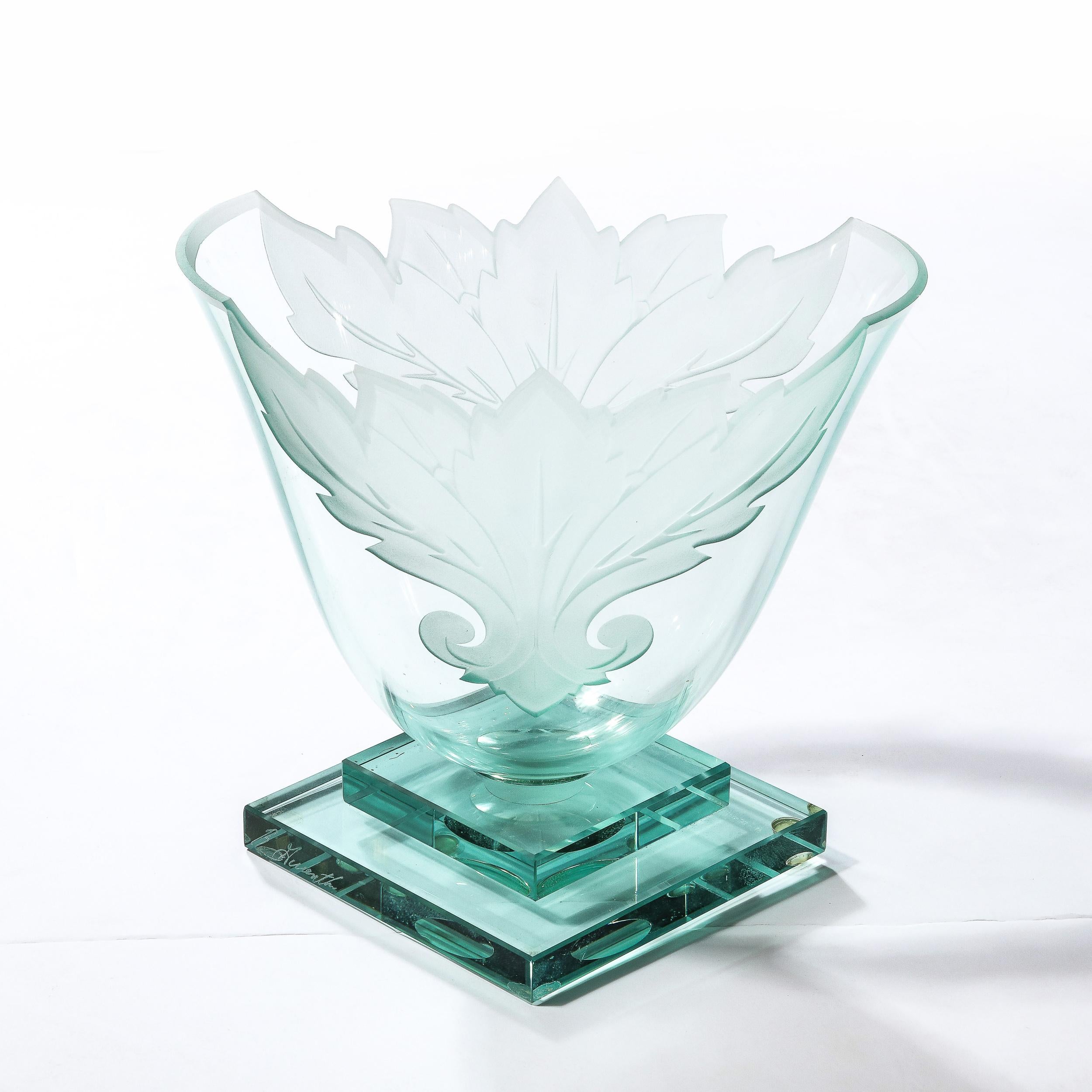 Frosted and Etched Cut Glass Leaf Vase/Bowl on Geometric Base by Robert Guenther For Sale 2