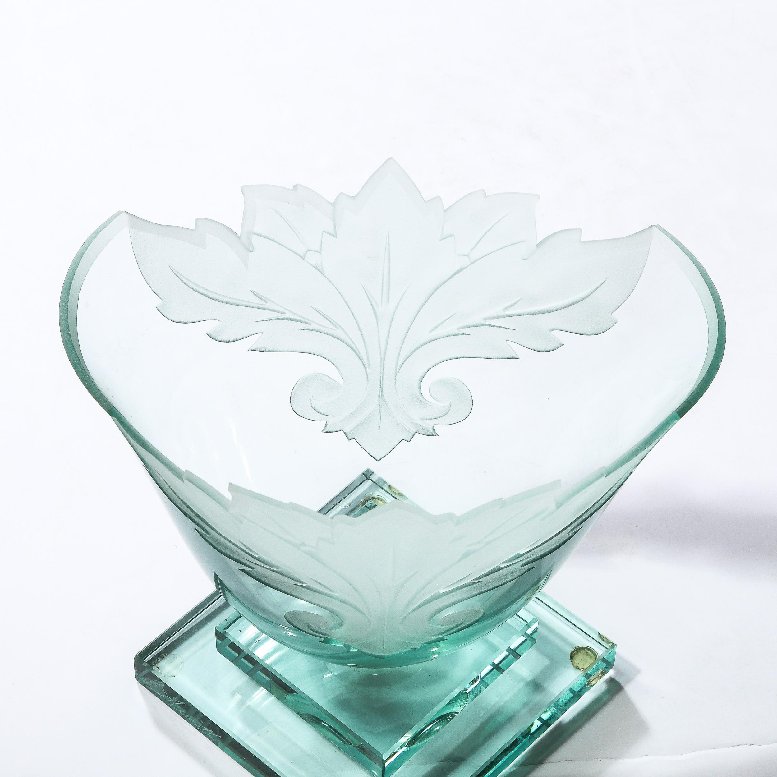 Frosted and Etched Cut Glass Leaf Vase/Bowl on Geometric Base by Robert Guenther For Sale 3