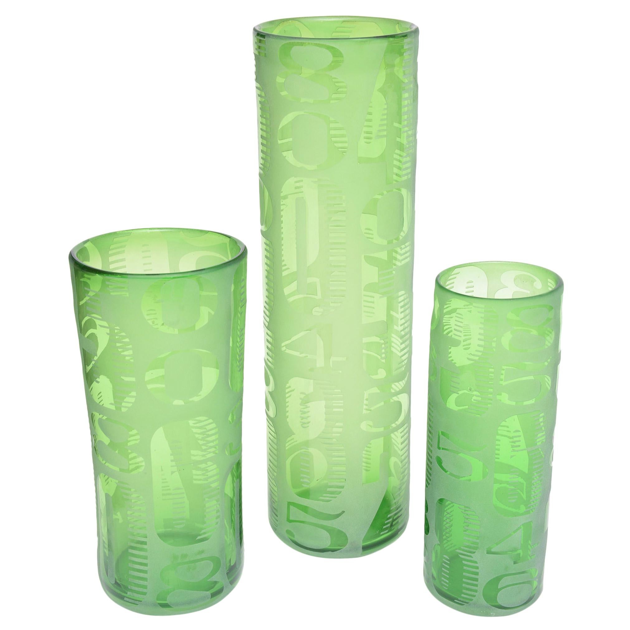 Frosted and Etched Numbered Glass Vases Set of 3 For Sale