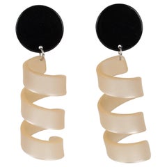 Frosted Beige Nude and Black Resin Spiral Dangle Clip Earrings