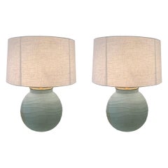 Frosted Blue Glass Horizontal Rib Pair of Lamps, Romania, Contemporary
