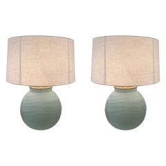 Frosted Blue Glass Horizontal Rib Pair of Lamps, Romania, Contemporary