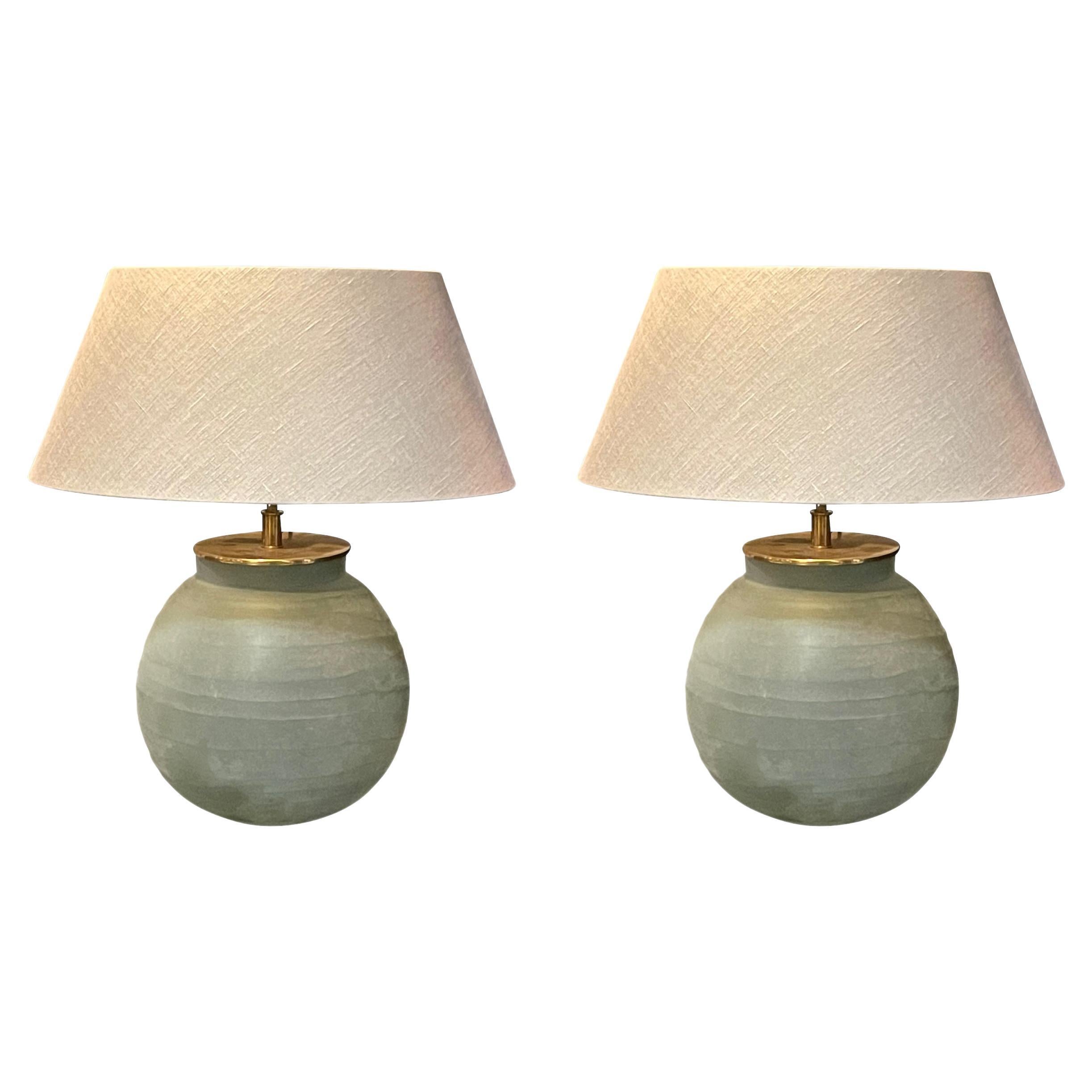 Frosted Blue Glass Horizontal Rib Pair of Lamps, Romania, Contemporary For Sale