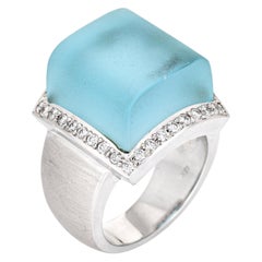 Frosted Blue Topaz Diamond Cube Ring Vintage 18k Gold Jewelry Satin Finish