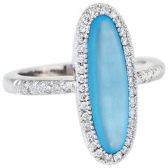 Frosted Blue Topaz Diamond Oval Cocktail Ring Estate 14 Karat White Gold Jewelry