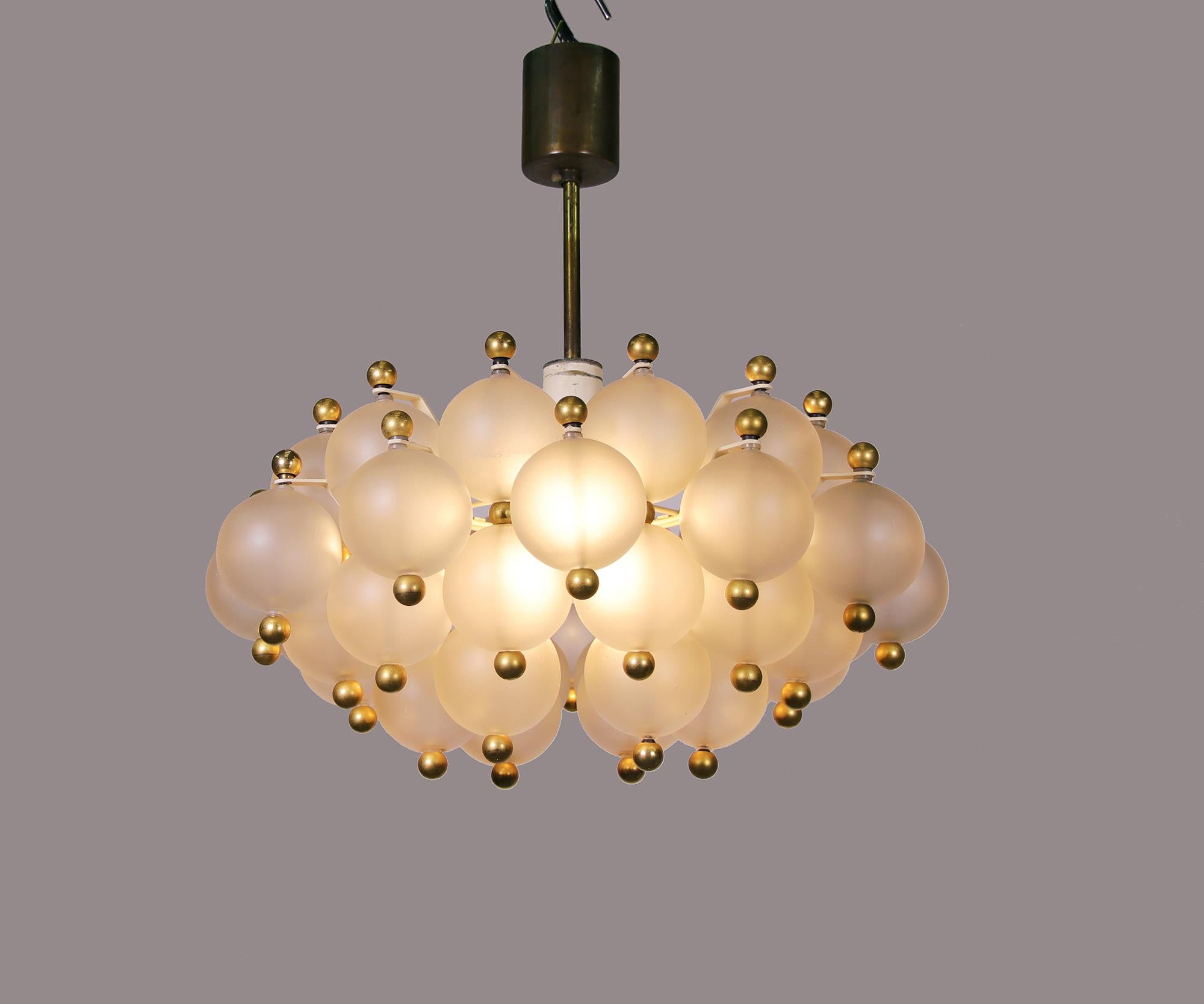 Mid-20th Century 1960 Germany Kinkeldey Chandelier Frosted Glass Balls & Brass