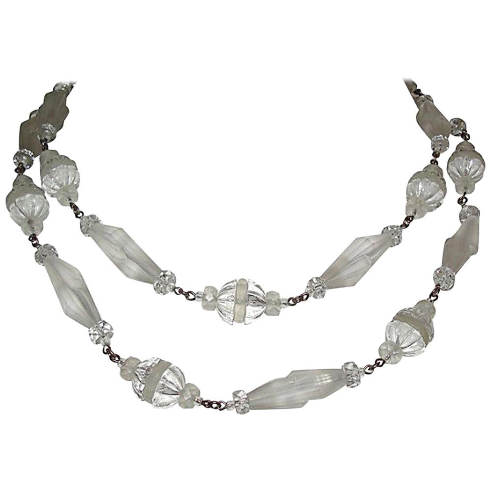 Frosted Camphor Glass Bead Flapper Necklace For Sale