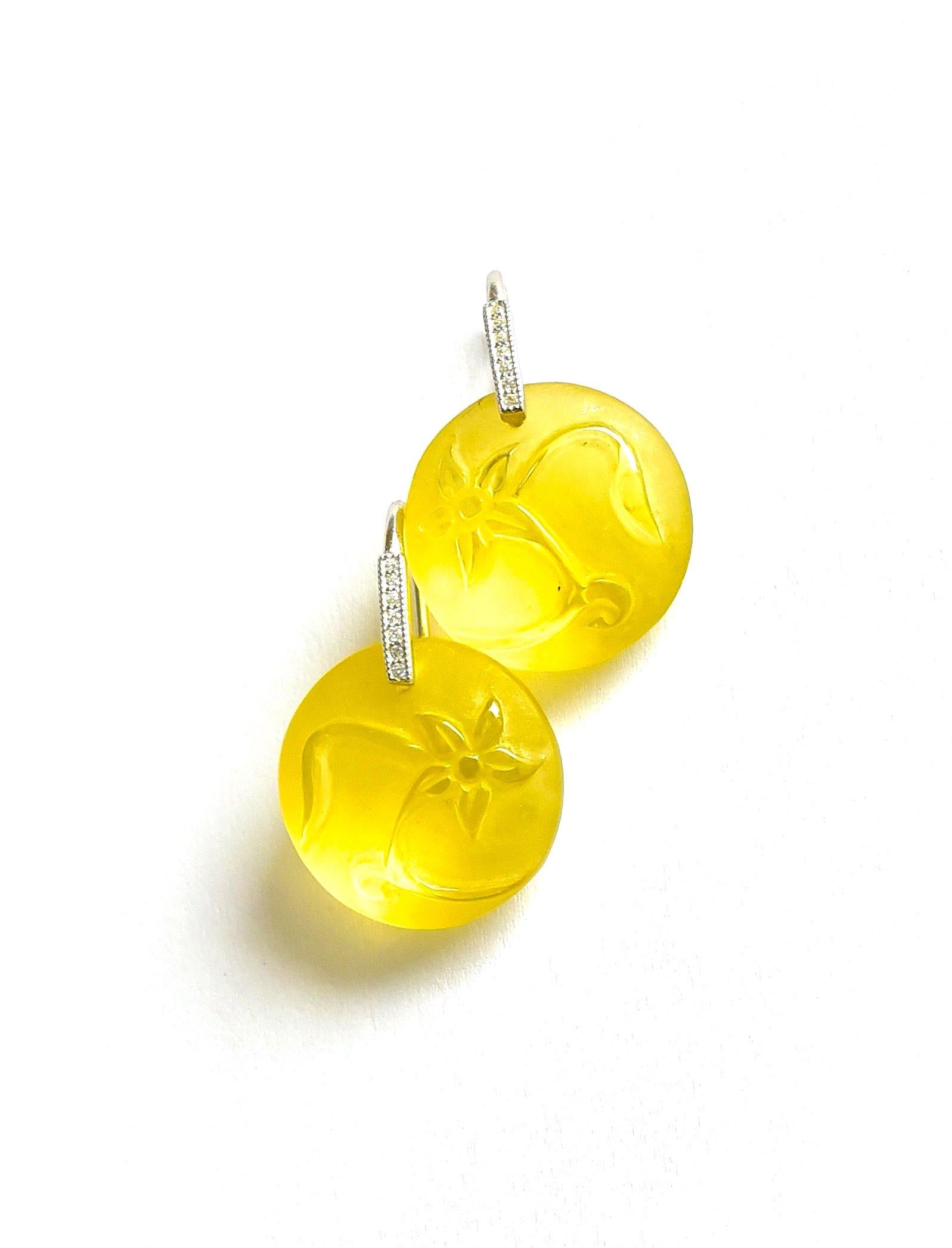 Round Cut Frosted Carved Lemon Quartz Earrings