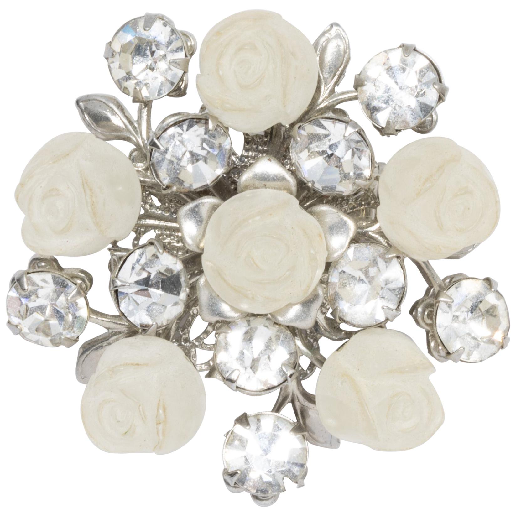 Frosted Carved Lucite Rose Pin Floral Brooch with Clear Crystals in Silver For Sale