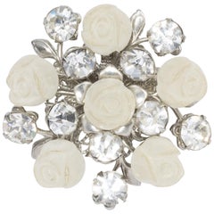 Frosted Carved Lucite Rose Pin Floral Brooch with Clear Crystals in Silver