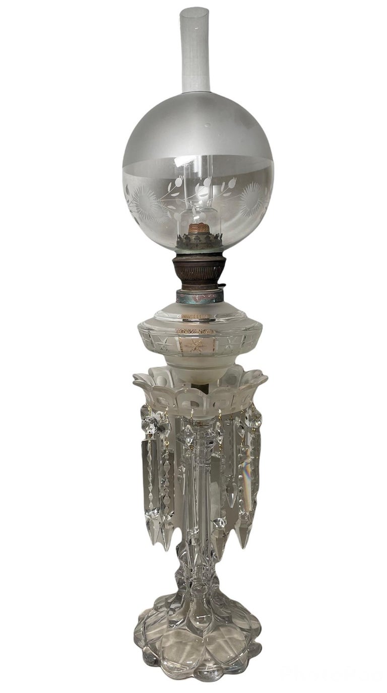 Frosted Clear Cut Crystal Banquet Oil Lamp For Sale at 1stDibs