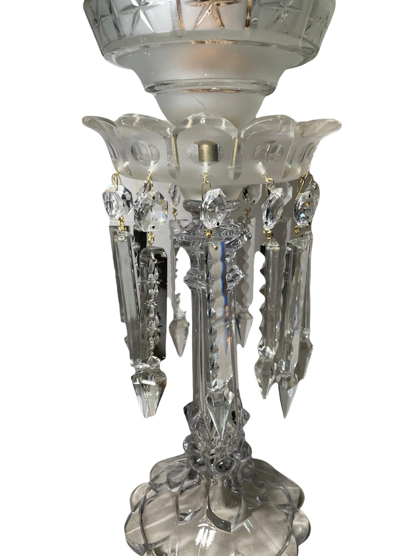 Victorian Frosted Clear Cut Crystal Banquet Oil Lamp For Sale