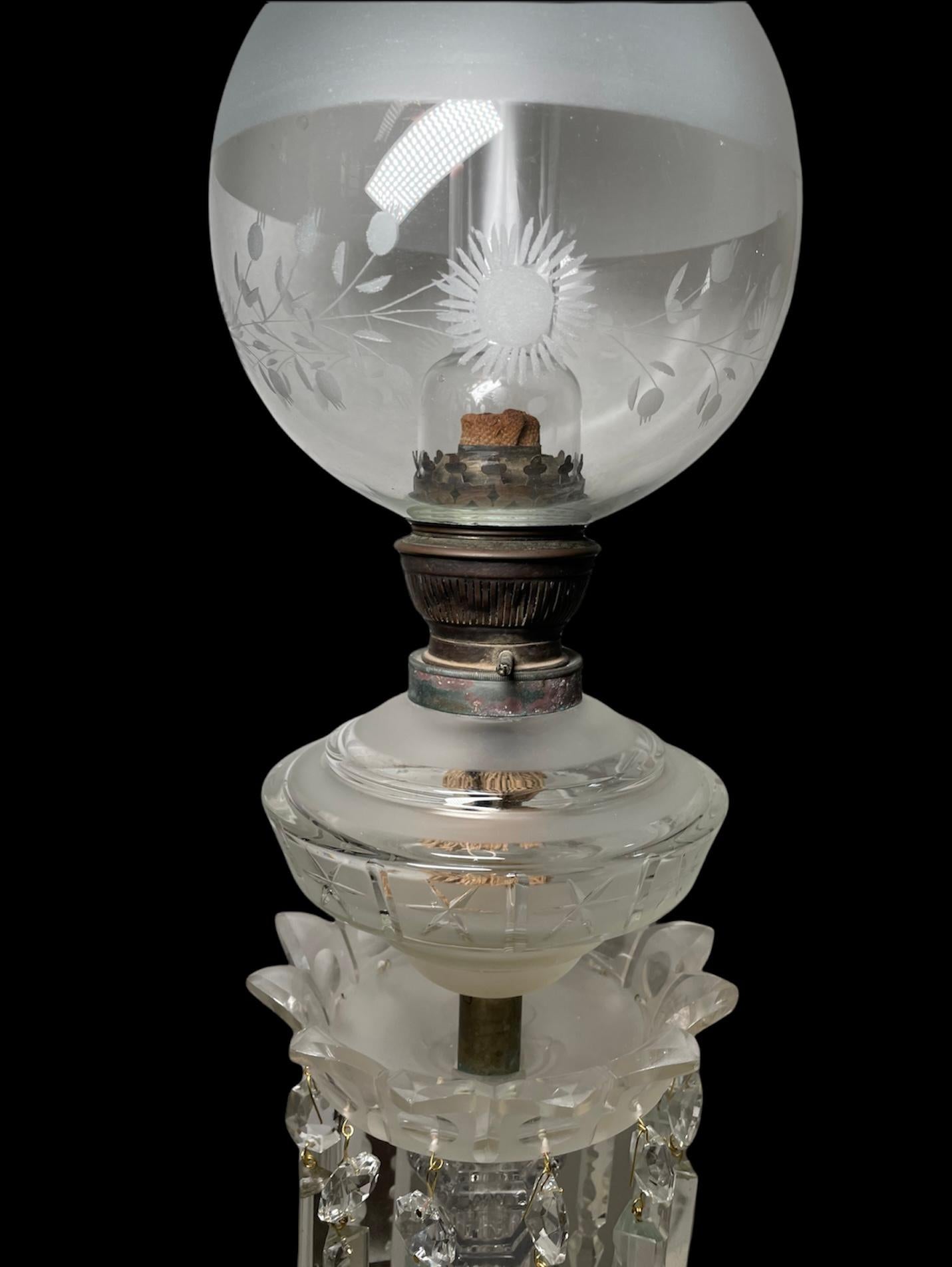 Etched Frosted Clear Cut Crystal Banquet Oil Lamp For Sale