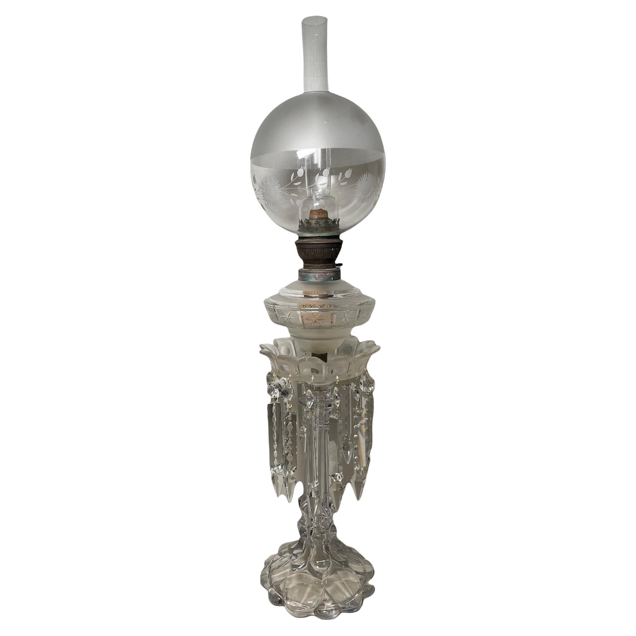 Frosted Clear Cut Crystal Banquet Oil Lamp For Sale
