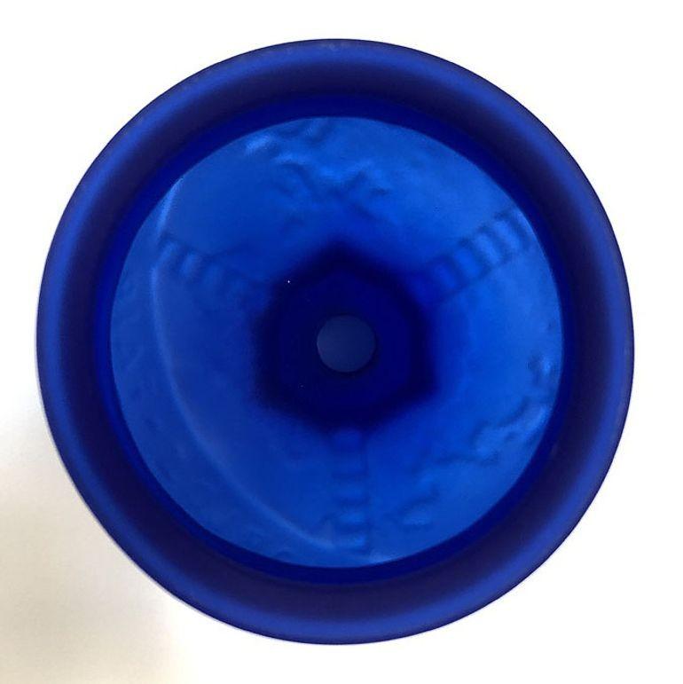 Art Glass Frosted Cobalt Blue 1939 World Fair Bottle Lamp Base by Sarsaparilla For Sale