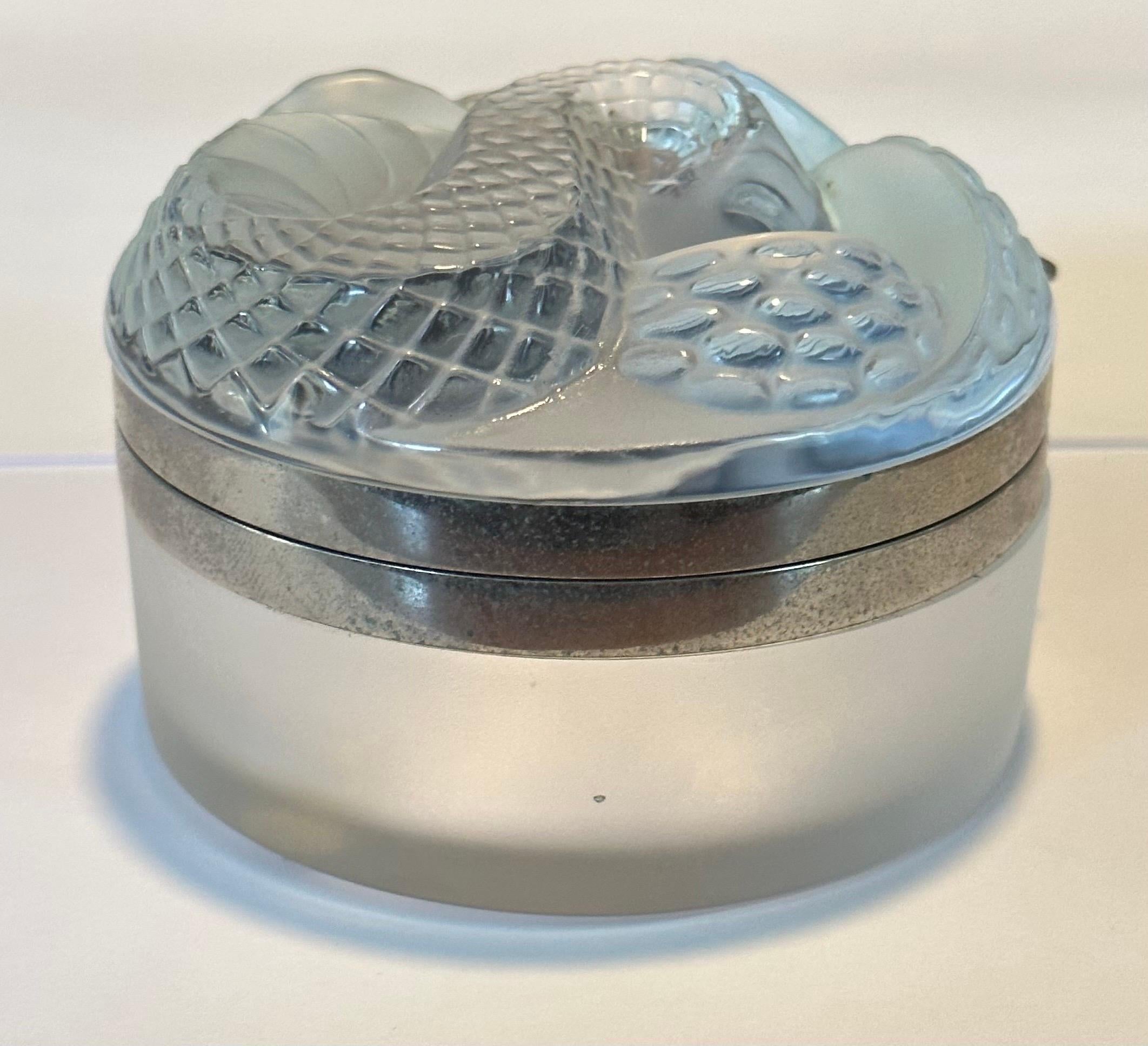 Art Deco Frosted Crystal Coiled Serpent / Snake Lidded Powder Jar by Lalique of France